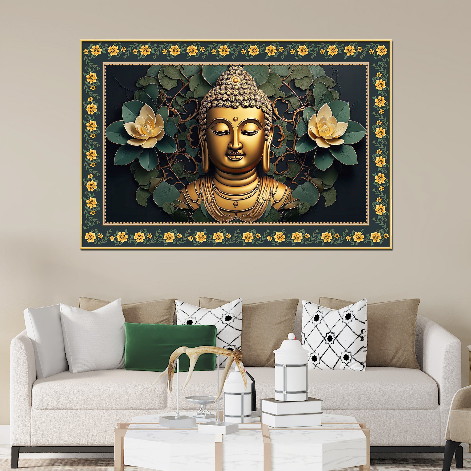 Symbol of Peace Gautam Buddha Border Canvas Wall Painting