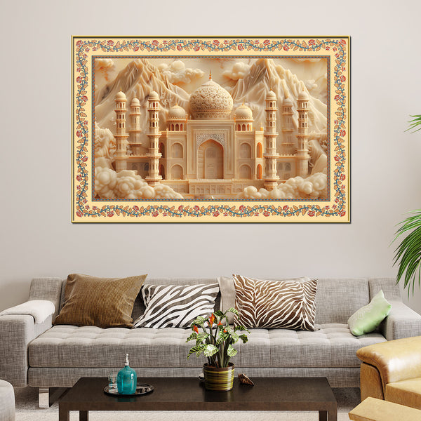 Taj Mahal Majestic Mosque Floral Border Canvas Wall Painting