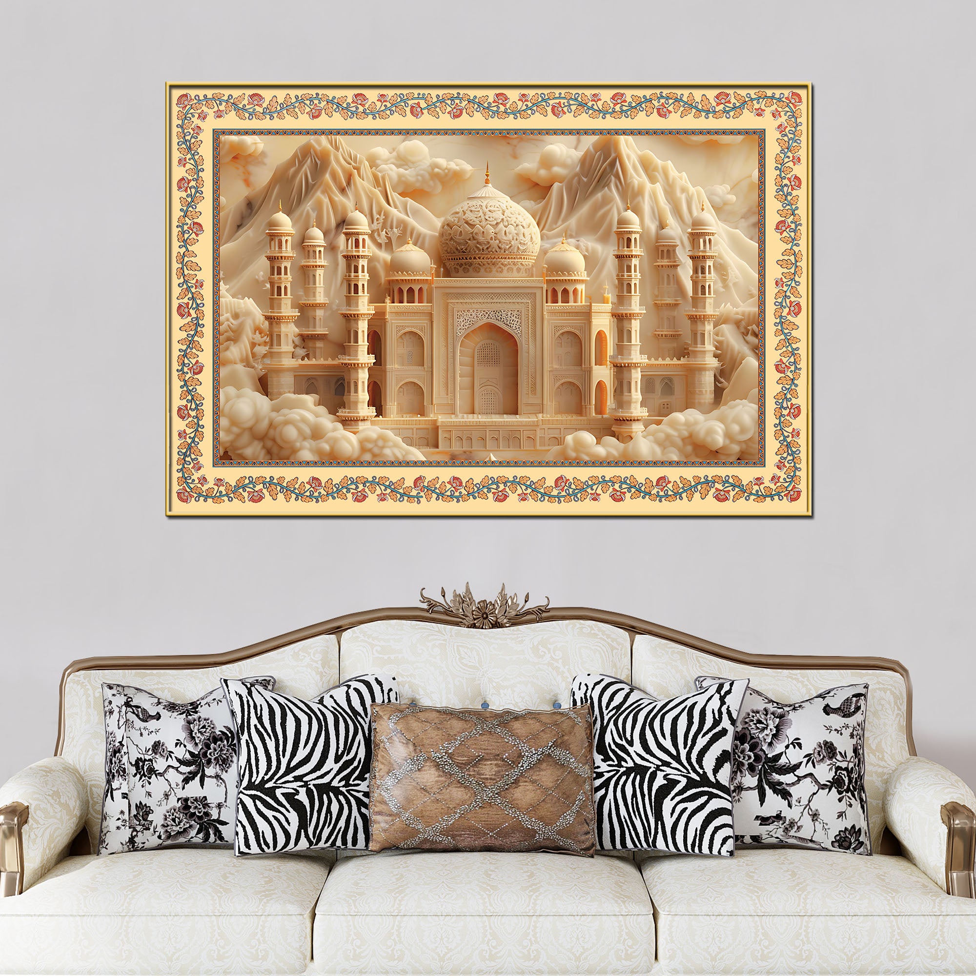 Taj Mahal Majestic Mosque Floral Border Canvas Wall Painting