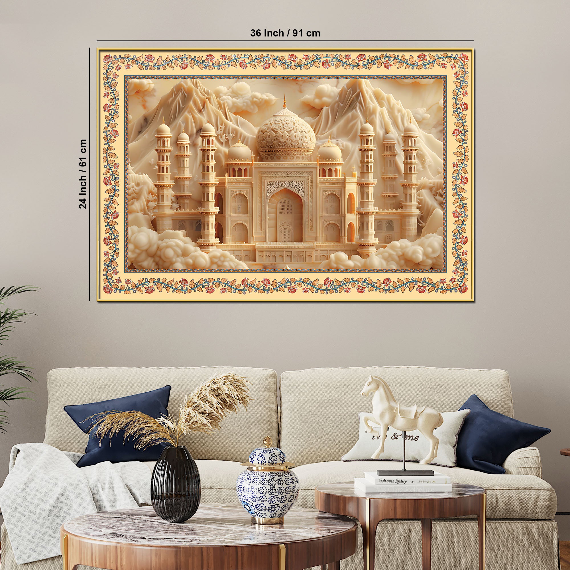Taj Mahal Majestic Mosque Floral Border Canvas Wall Painting
