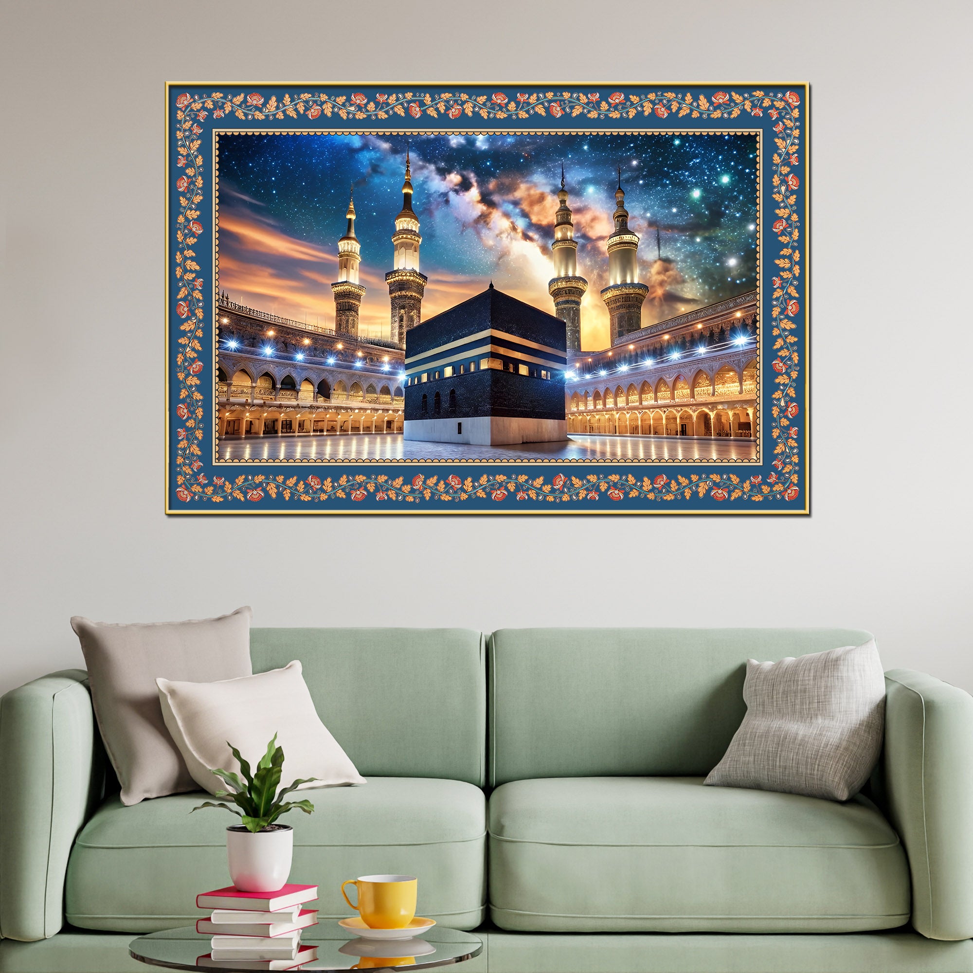 The Kaaba Masjid al-Haram Floral Border Canvas Wall Painting