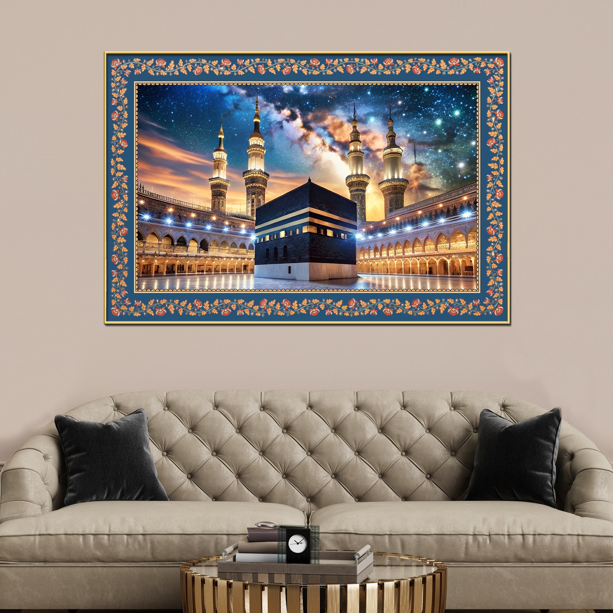 The Kaaba Masjid al-Haram Floral Border Canvas Wall Painting
