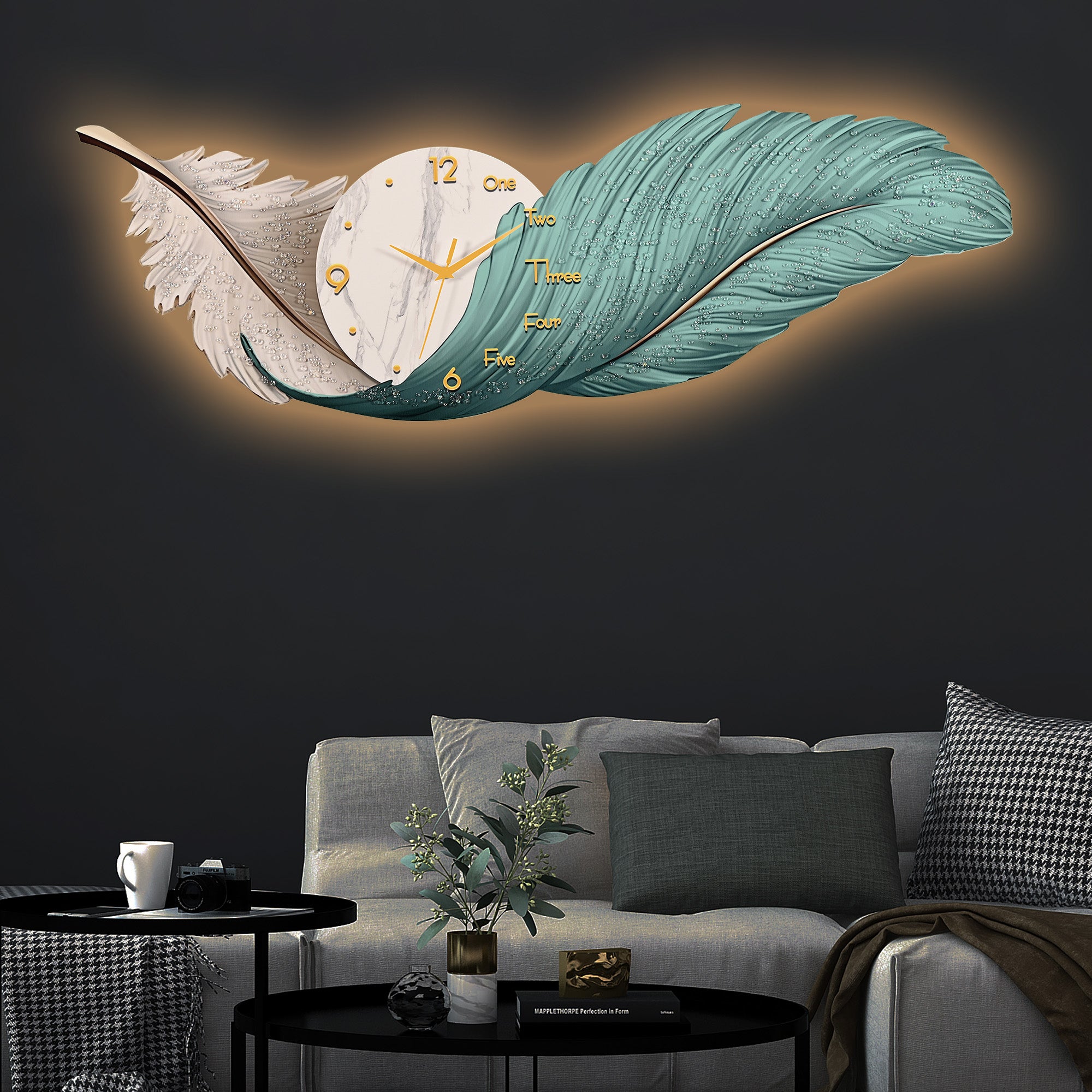 Timeless Feathers Crystal Glass Backlit LED Painting with Clock