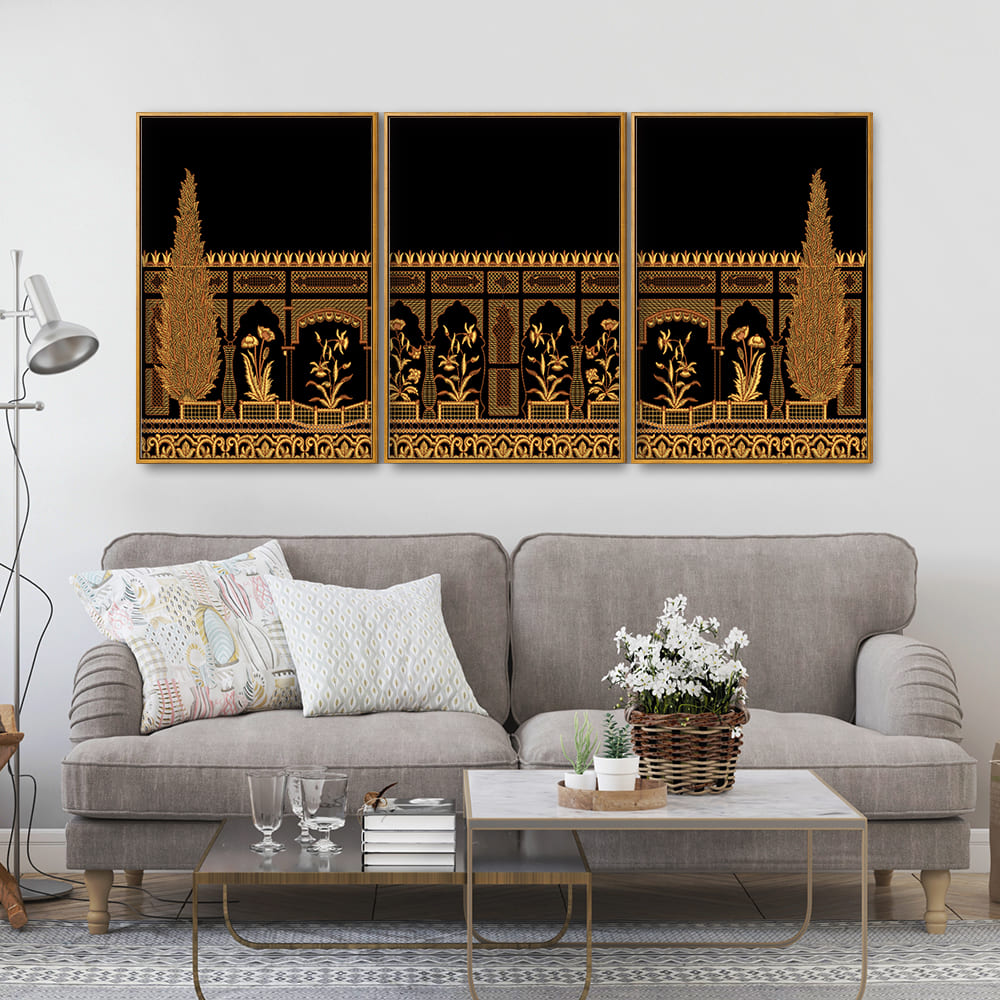 Traditional Indian Antique Gold Border Mughal Art Floating Canvas Wall Painting Set of Three