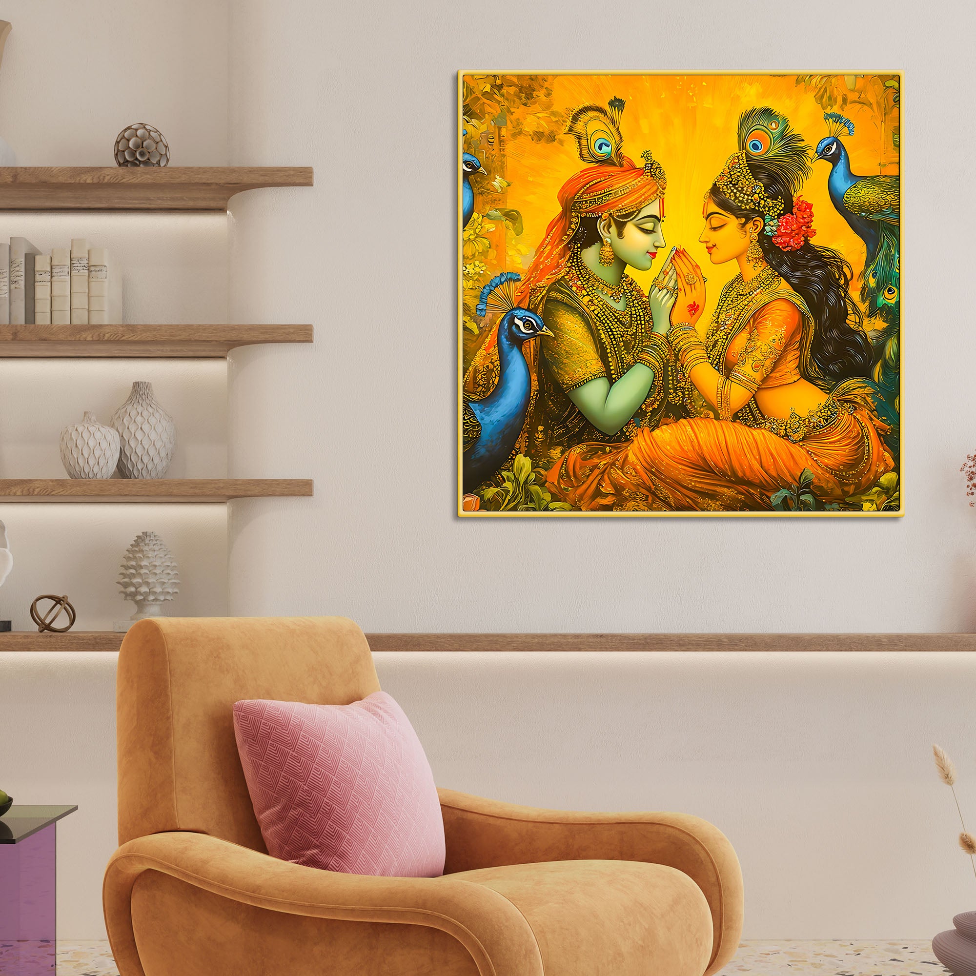 Traditional Indian Art Radha Krishna Playing with Peacocks Canvas Wall Painting for Modern Spiritual Wall Decor