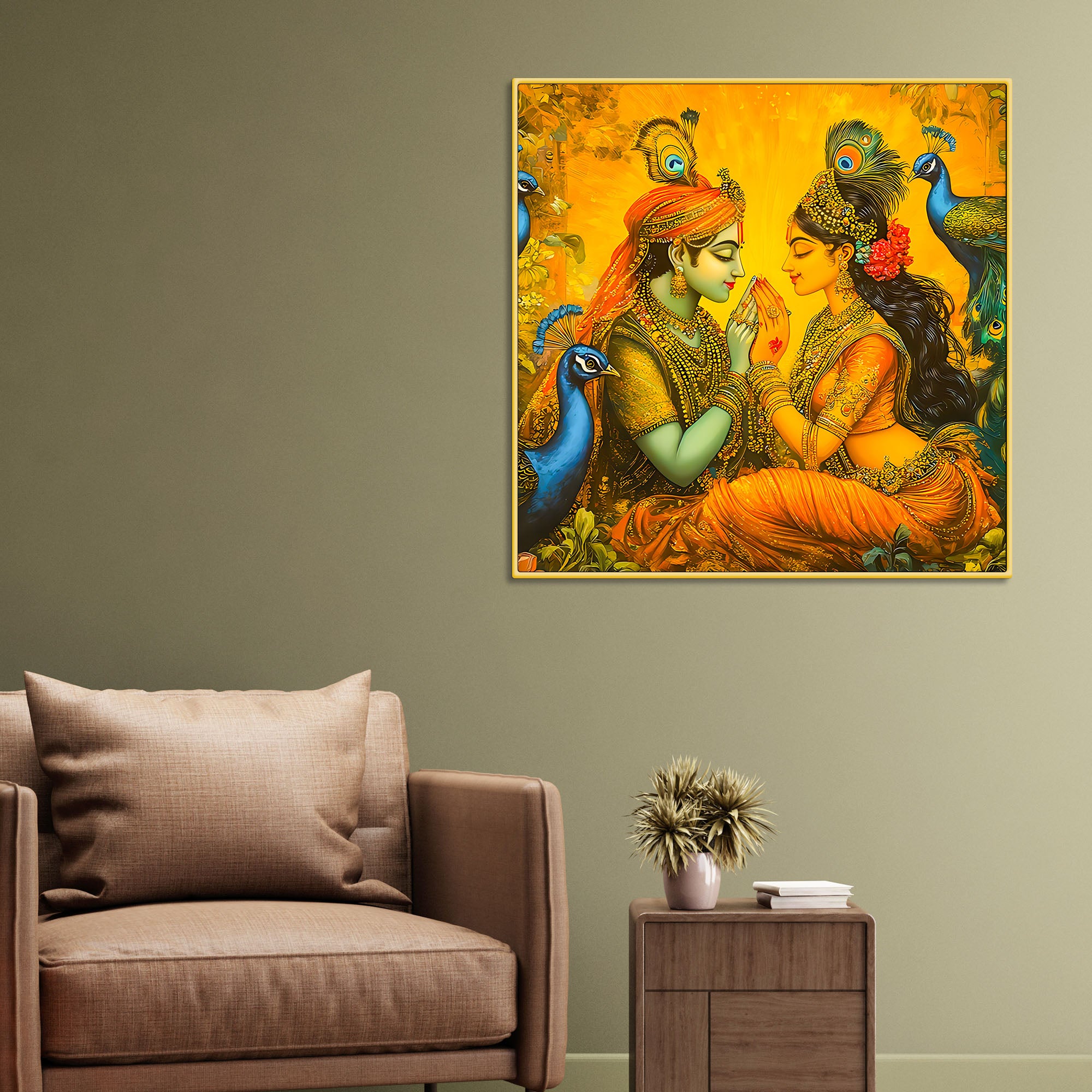 Traditional Indian Art Radha Krishna Playing with Peacocks Canvas Wall Painting for Modern Spiritual Wall Decor
