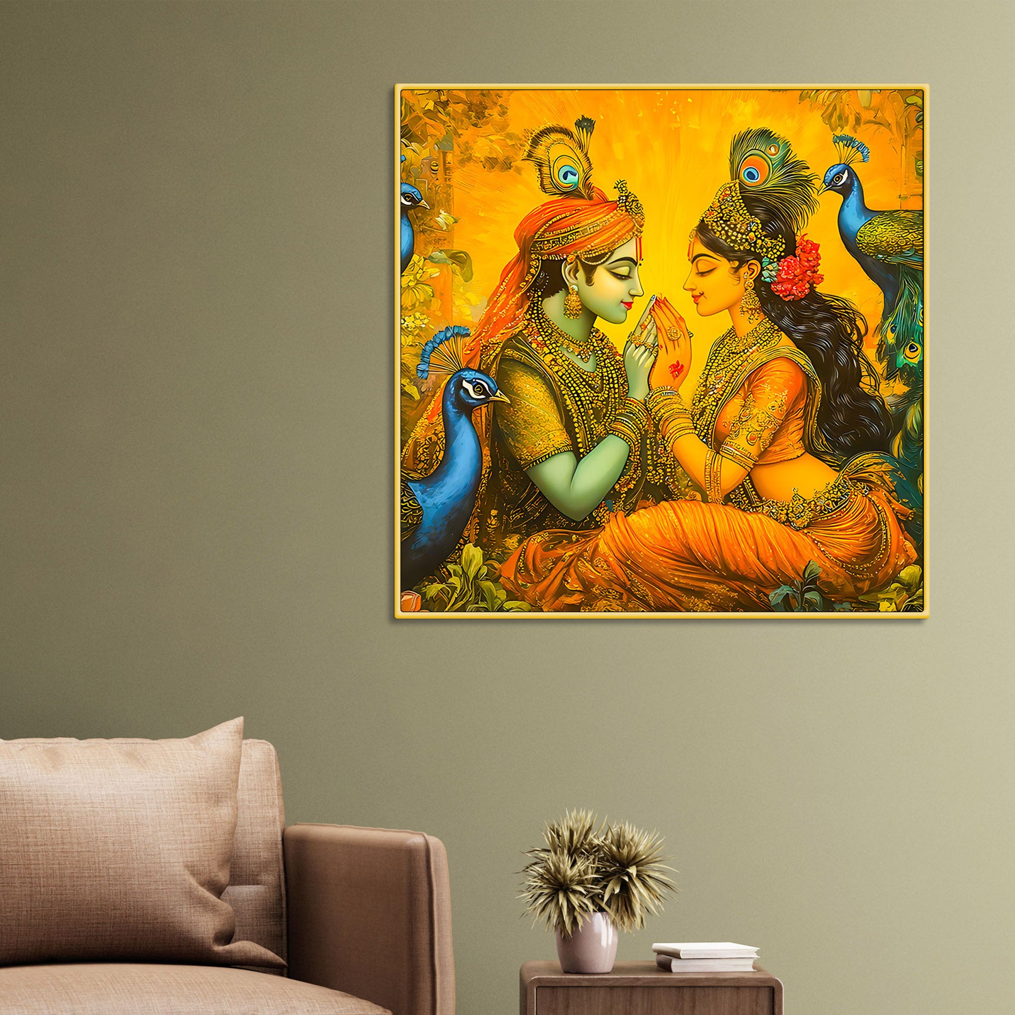 Traditional Indian Art Radha Krishna Playing with Peacocks Canvas Wall Painting for Modern Spiritual Wall Decor