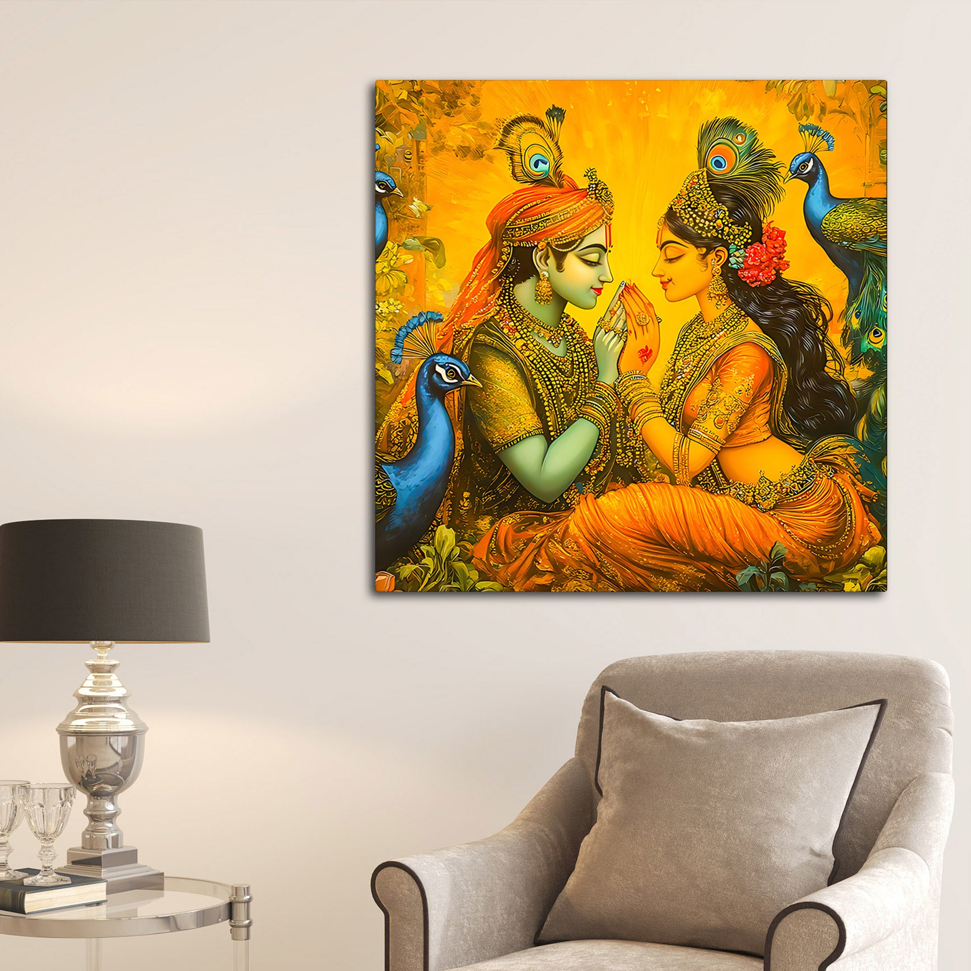 Traditional Indian Art Radha Krishna Playing with Peacocks Canvas Wall Painting for Modern Spiritual Wall Decor