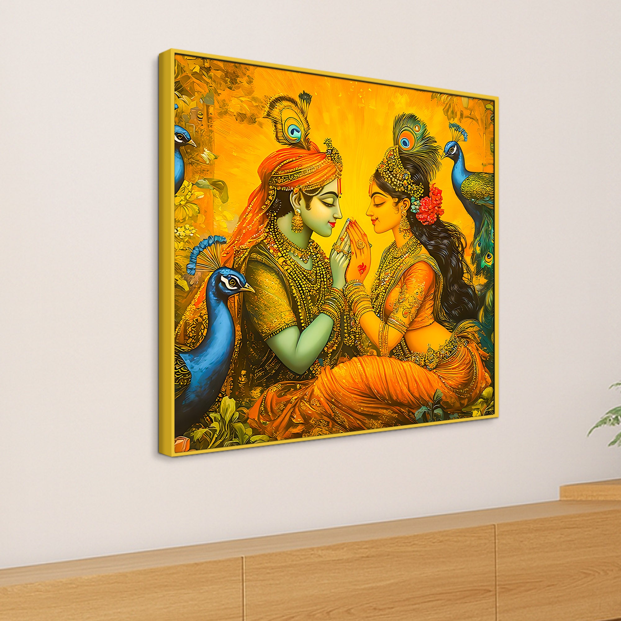 Traditional Indian Art Radha Krishna Playing with Peacocks Canvas Wall Painting for Modern Spiritual Wall Decor