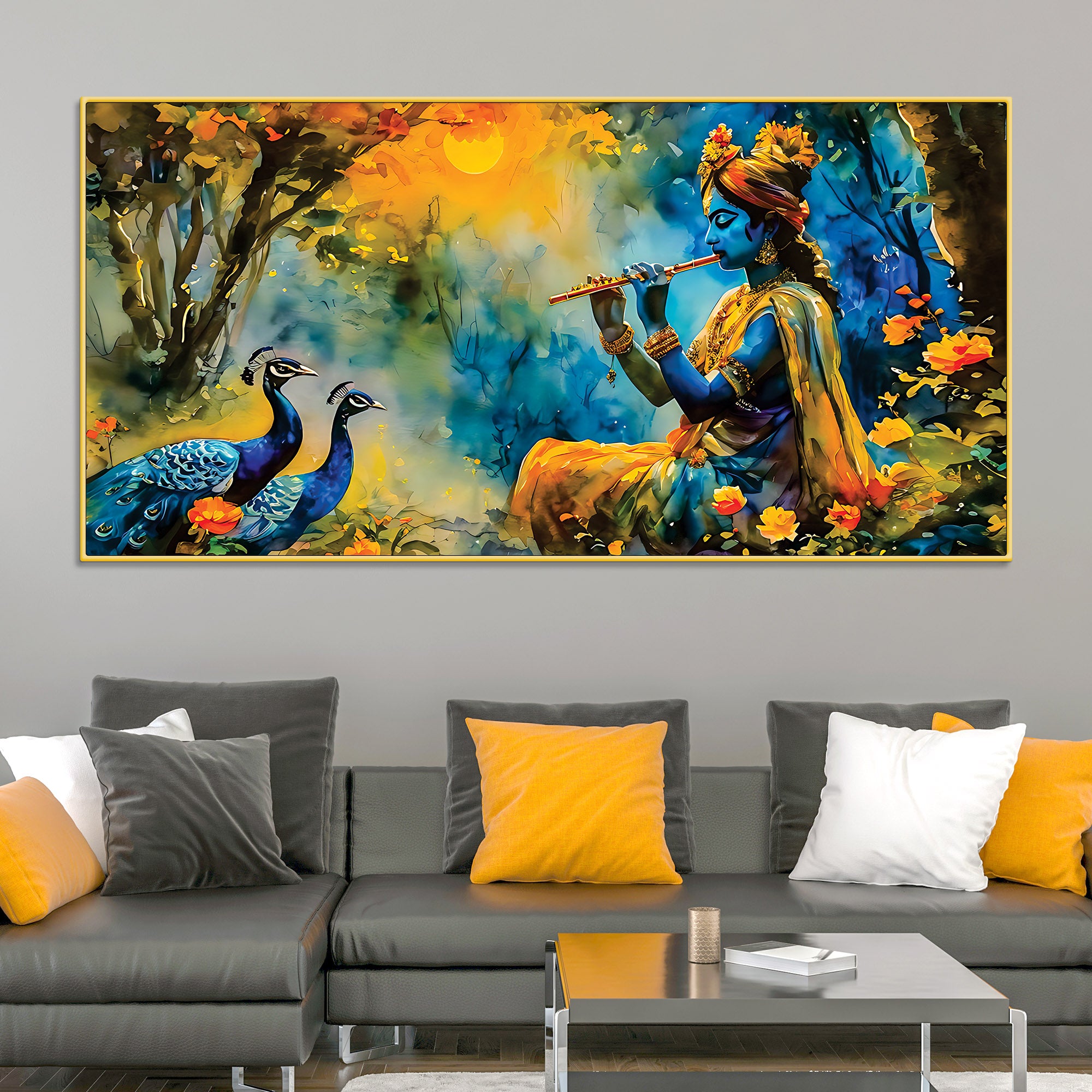 Traditional Lord Krishna Painting with Peacock for Home Wall