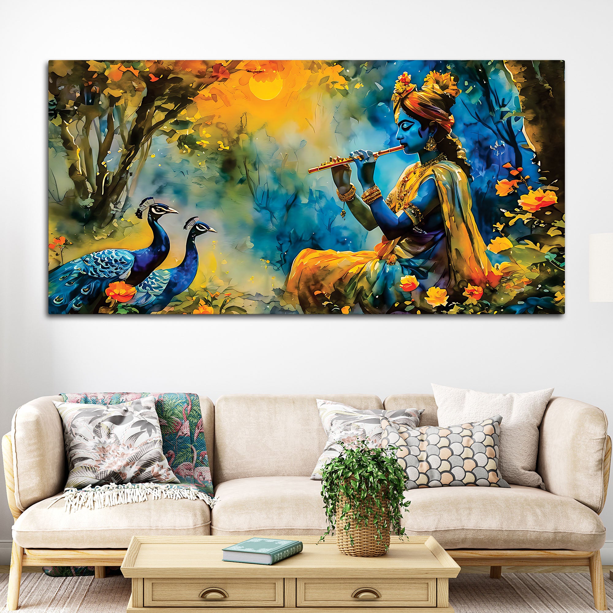 Traditional Lord Krishna Painting with Peacock for Home Wall