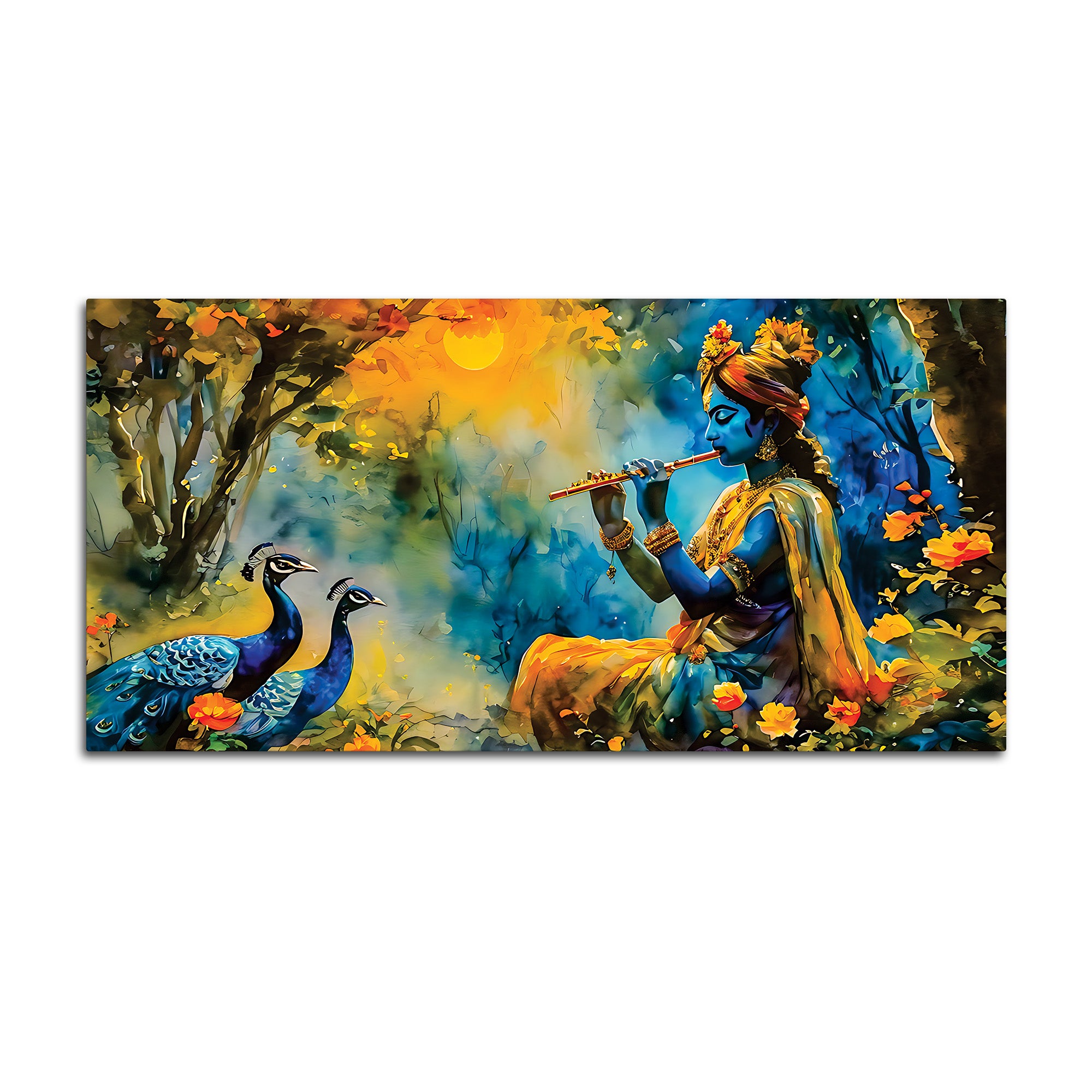 Traditional Lord Krishna Painting with Peacock for Home Wall