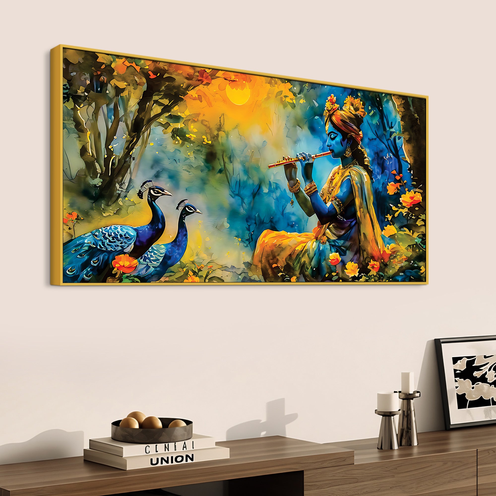 Traditional Lord Krishna Painting with Peacock for Home Wall