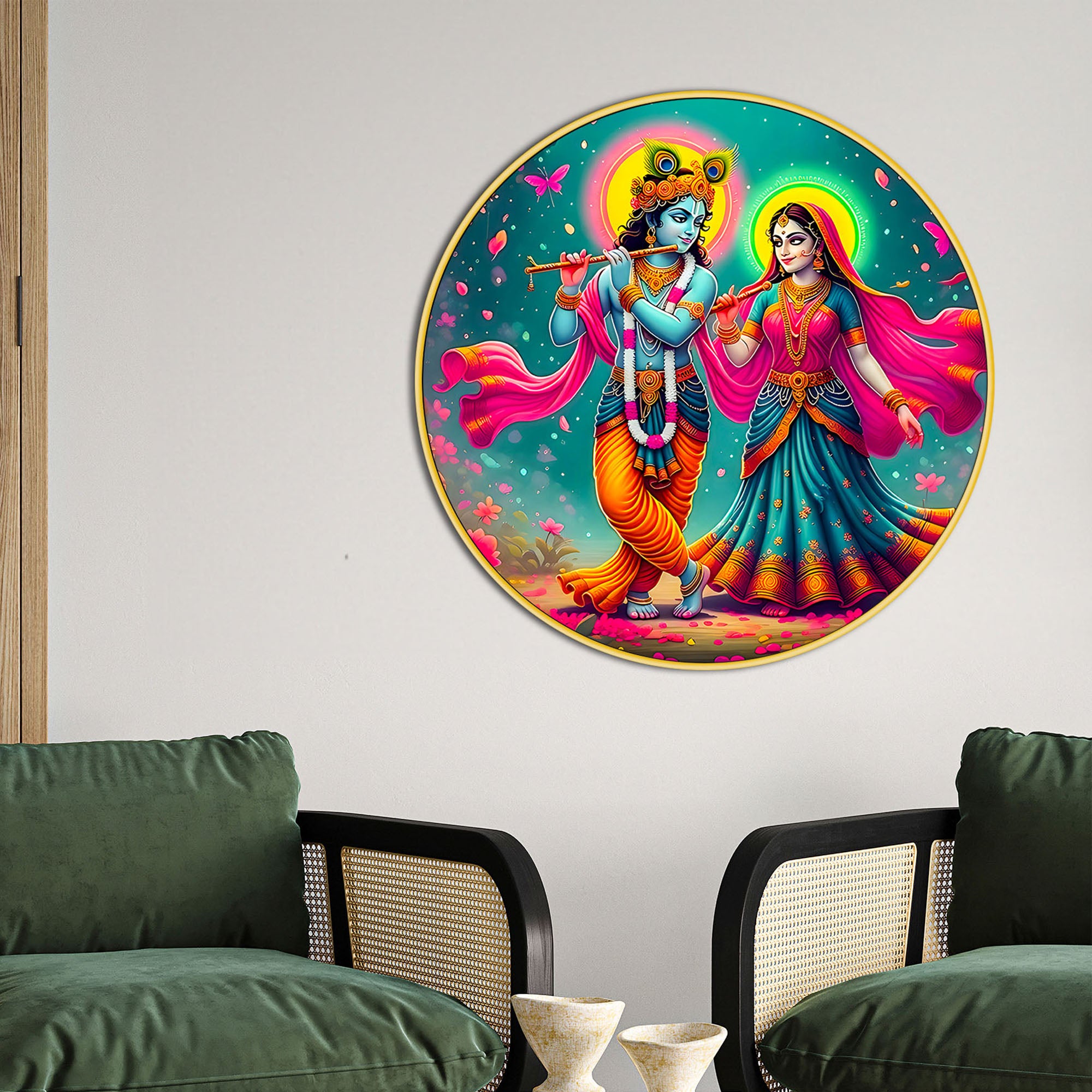 Traditional Lord Radha Krishna Round Frame Painting Decor