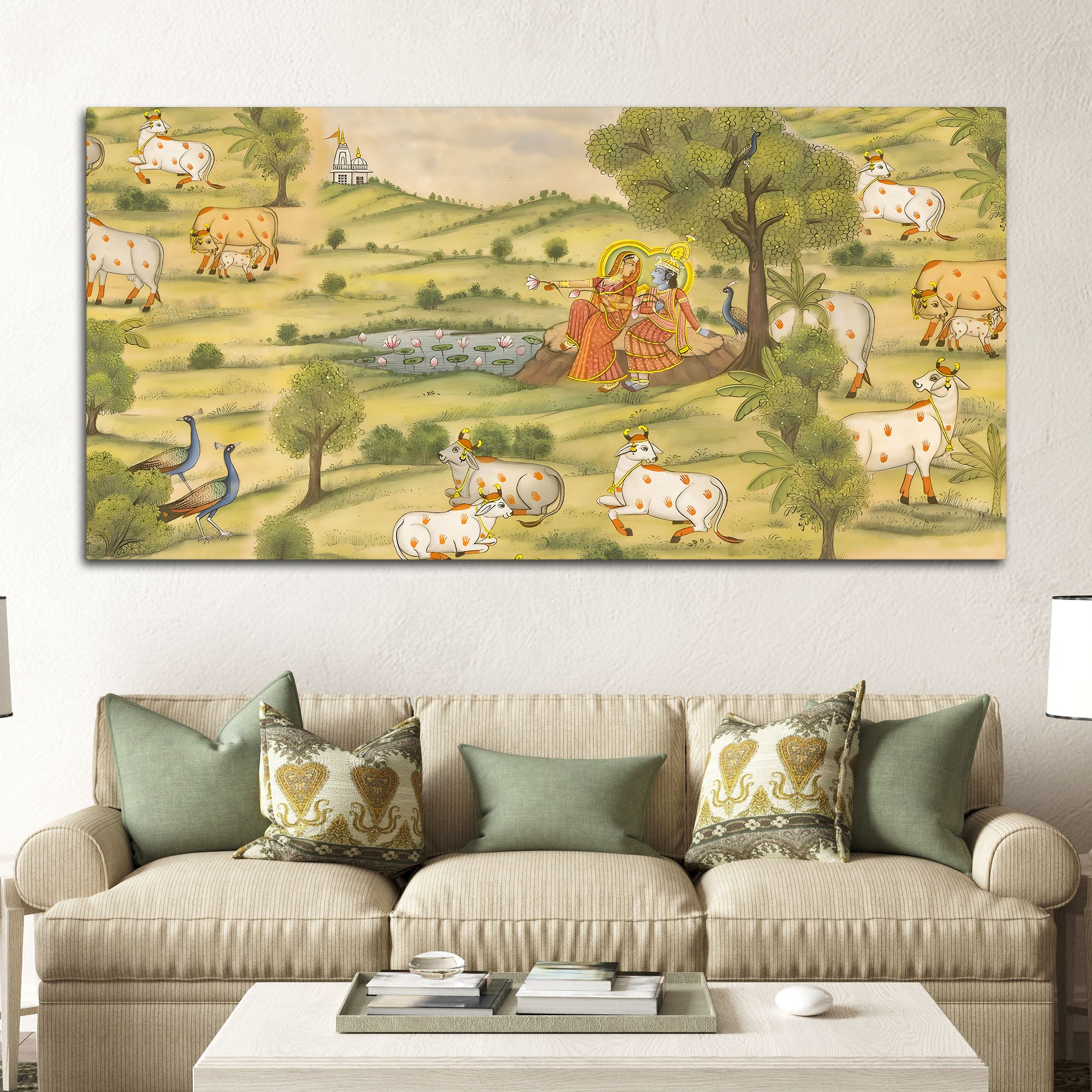 Traditional Pichwai Radha Krishna with Kamdhenu Cows Painting – Ethnic Spiritual Wall Decor