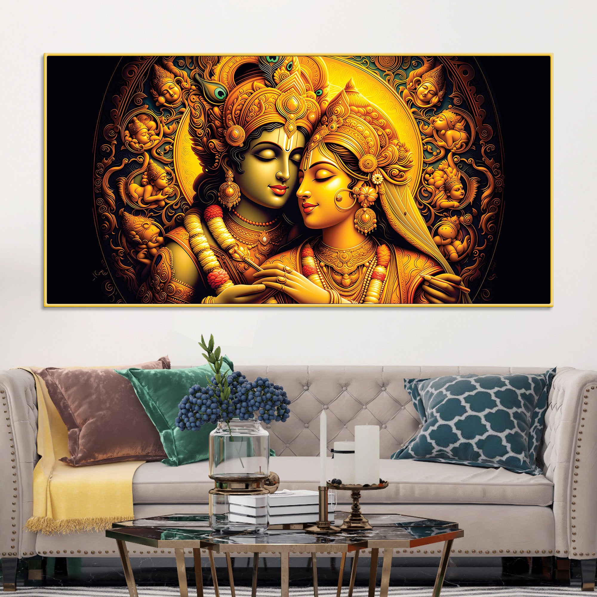 Traditional Radha Krishna Wall Painting for Spiritual Living Room
