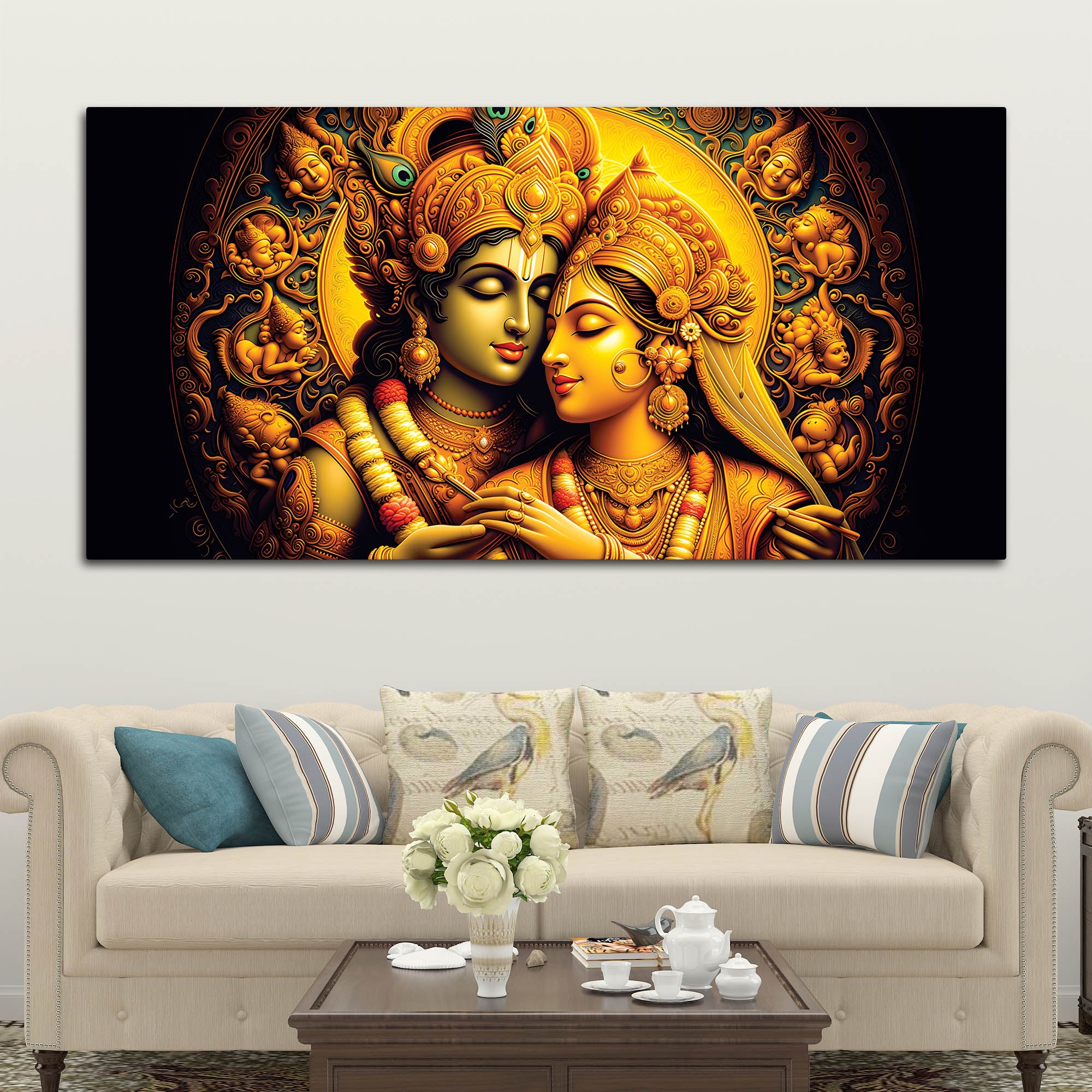 Traditional Radha Krishna Wall Painting for Spiritual Living Room