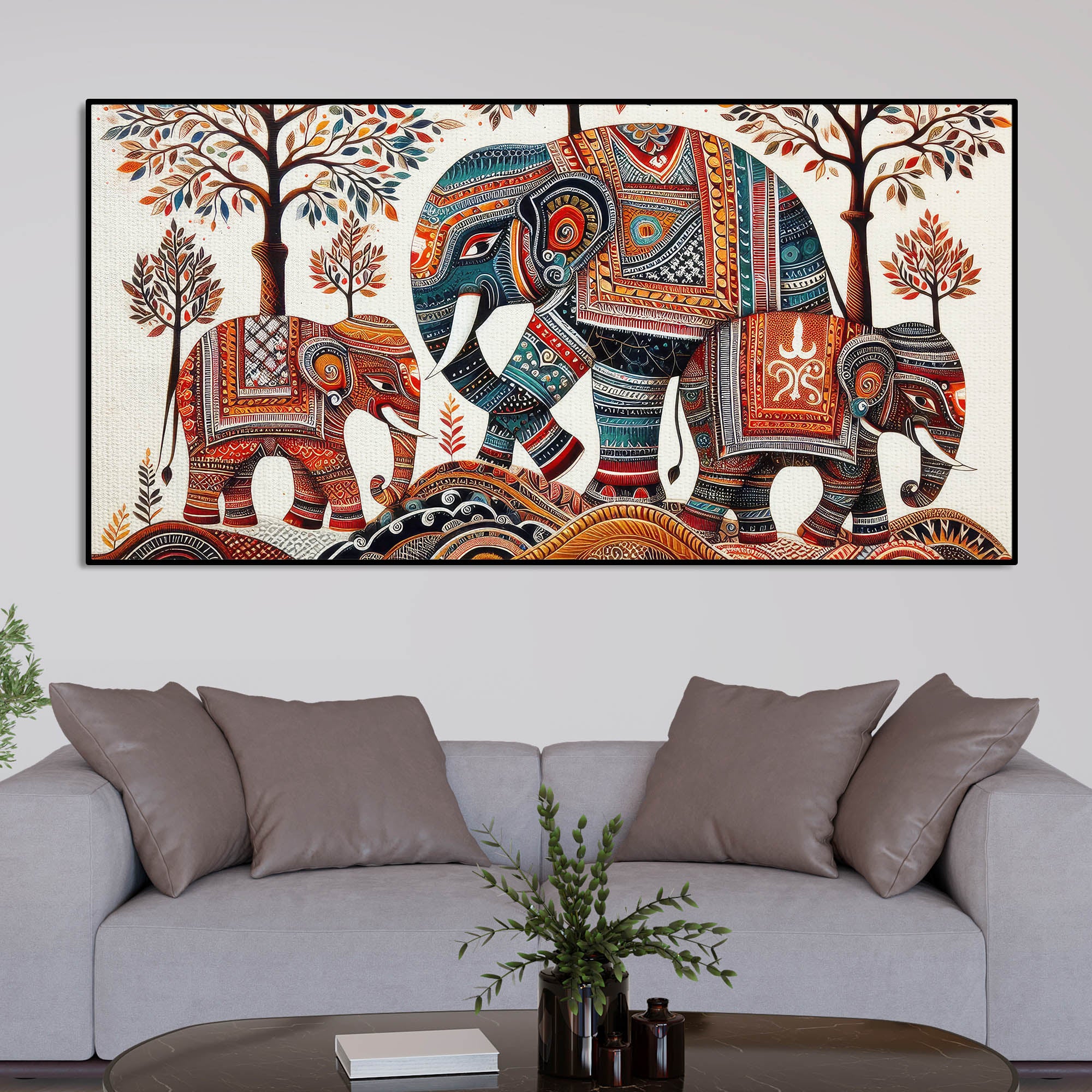 Traditional Three Artistic Elephant Art Canvas Wooden Wall Painting