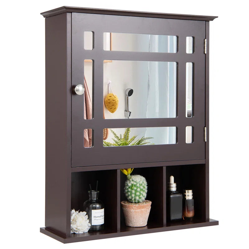 Traditional Wooden Wall Cabinet with Mirror Door & Storage Slots