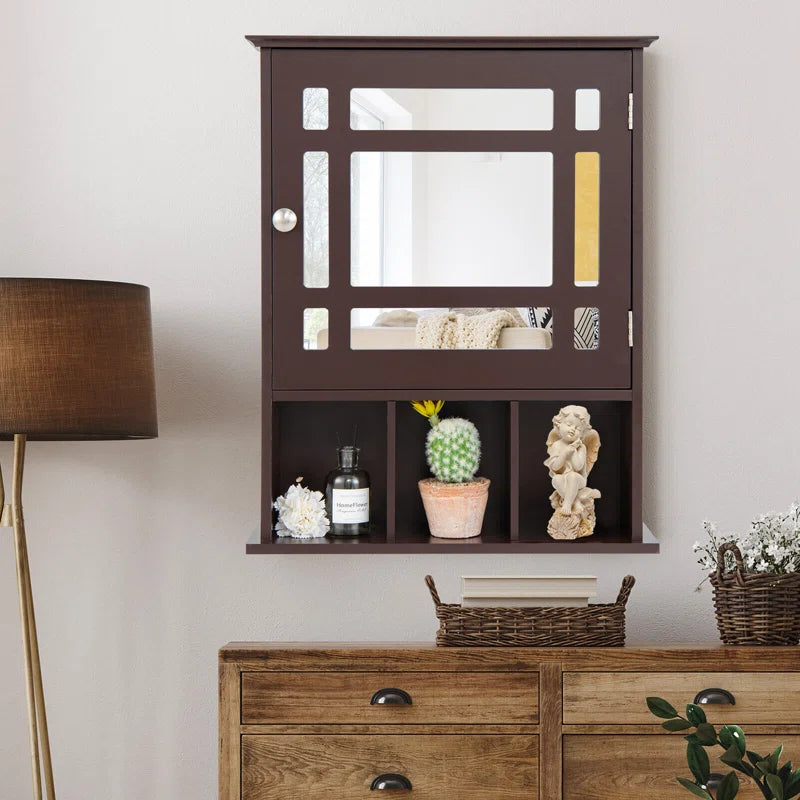 Traditional Wooden Wall Cabinet with Mirror Door & Storage Slots