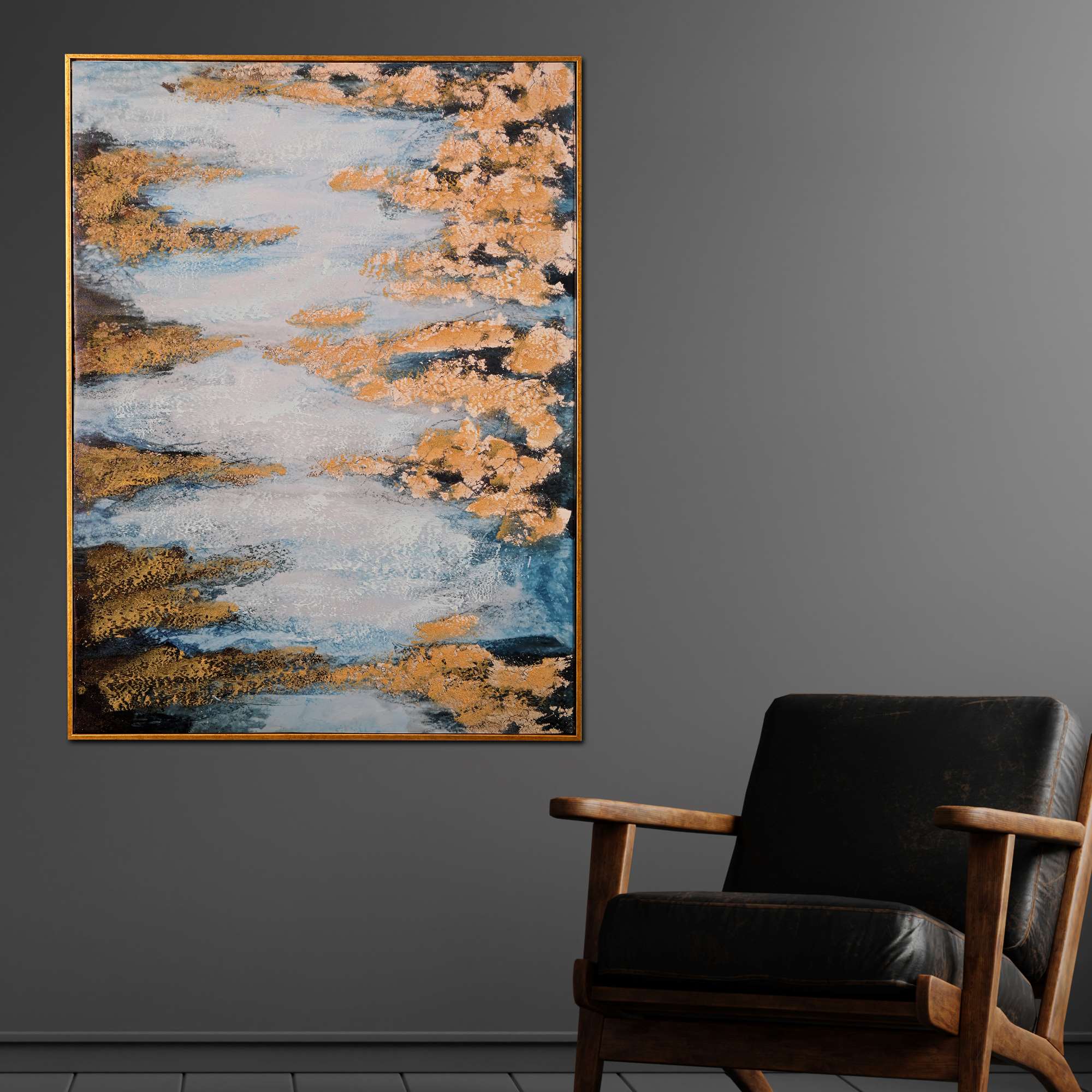 Tranquil Depths Abstract Hand Painted Wall Painting with Floating Frame