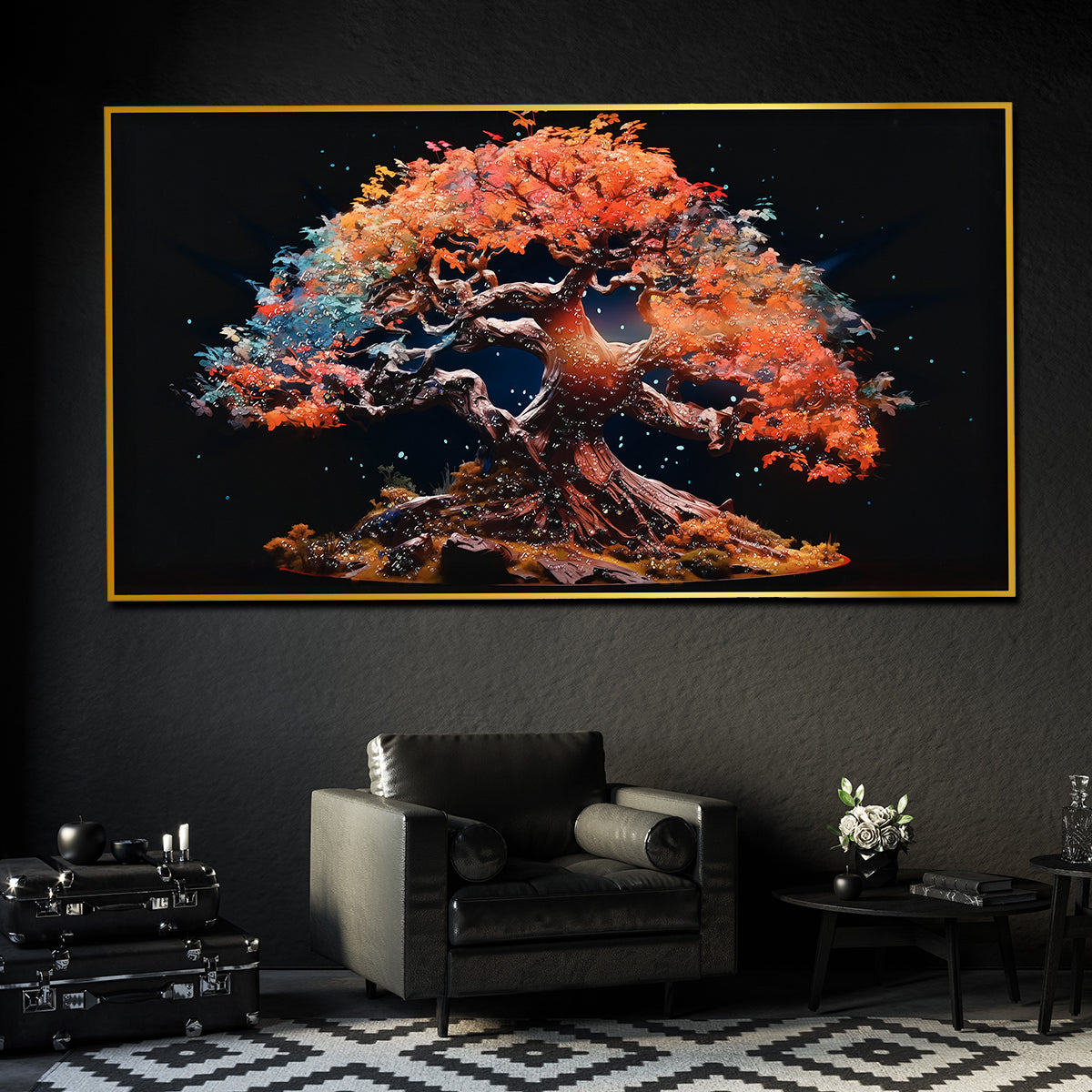 Tree of Autumn Colors Framed Crystal Glass Painting