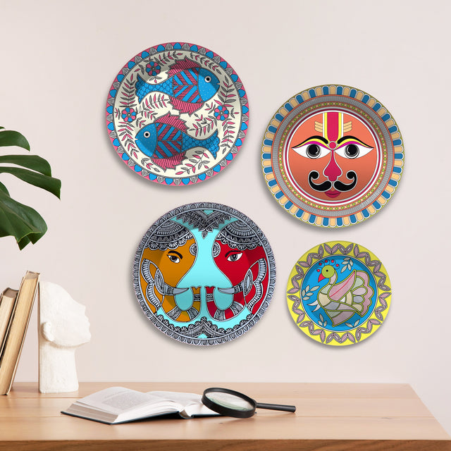 Tribal Faces & Mythic Symbols Premium Wall Plates Painting Set of Four