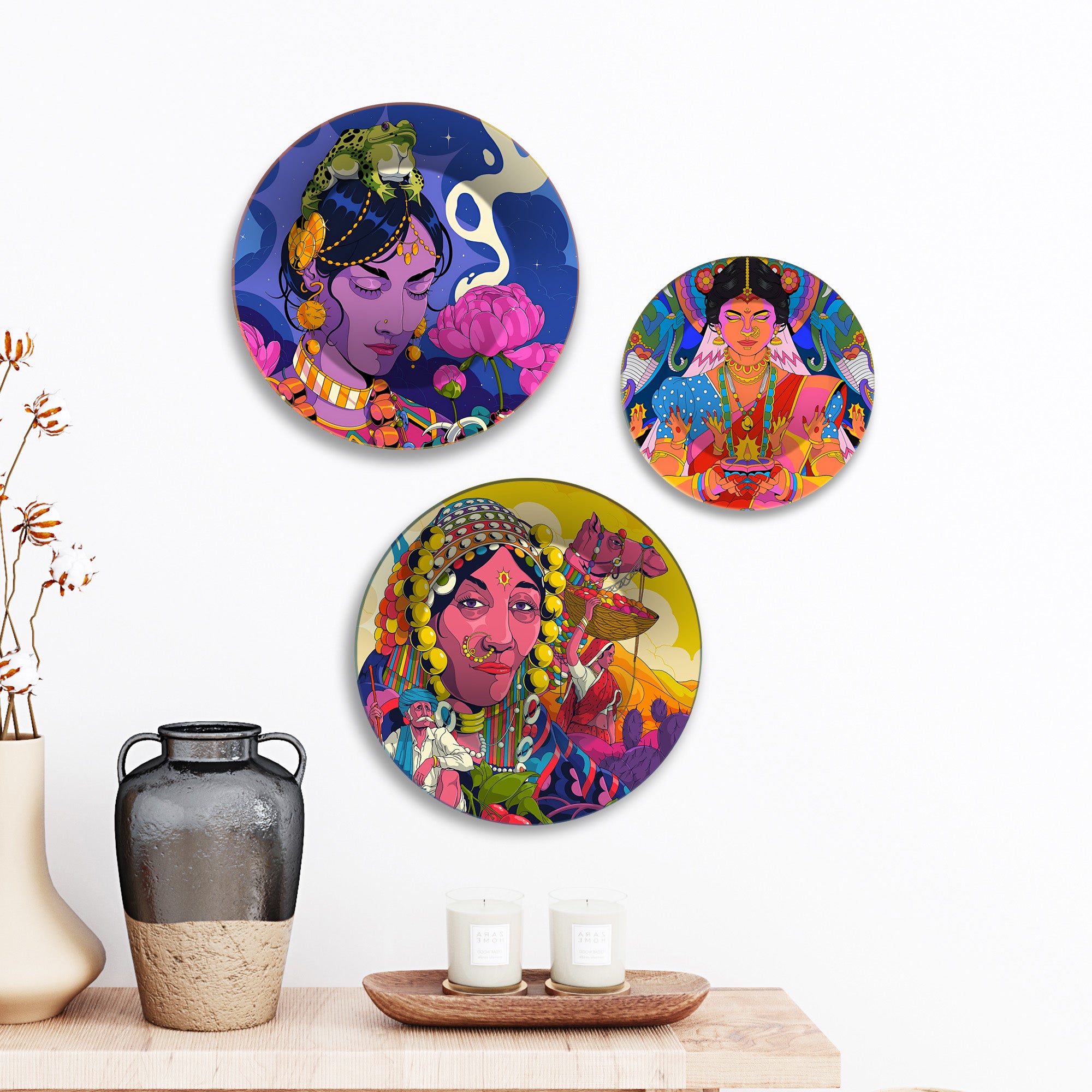 Tribal Queens Folk Fusion Premium Wall Plates Painting Set of 3