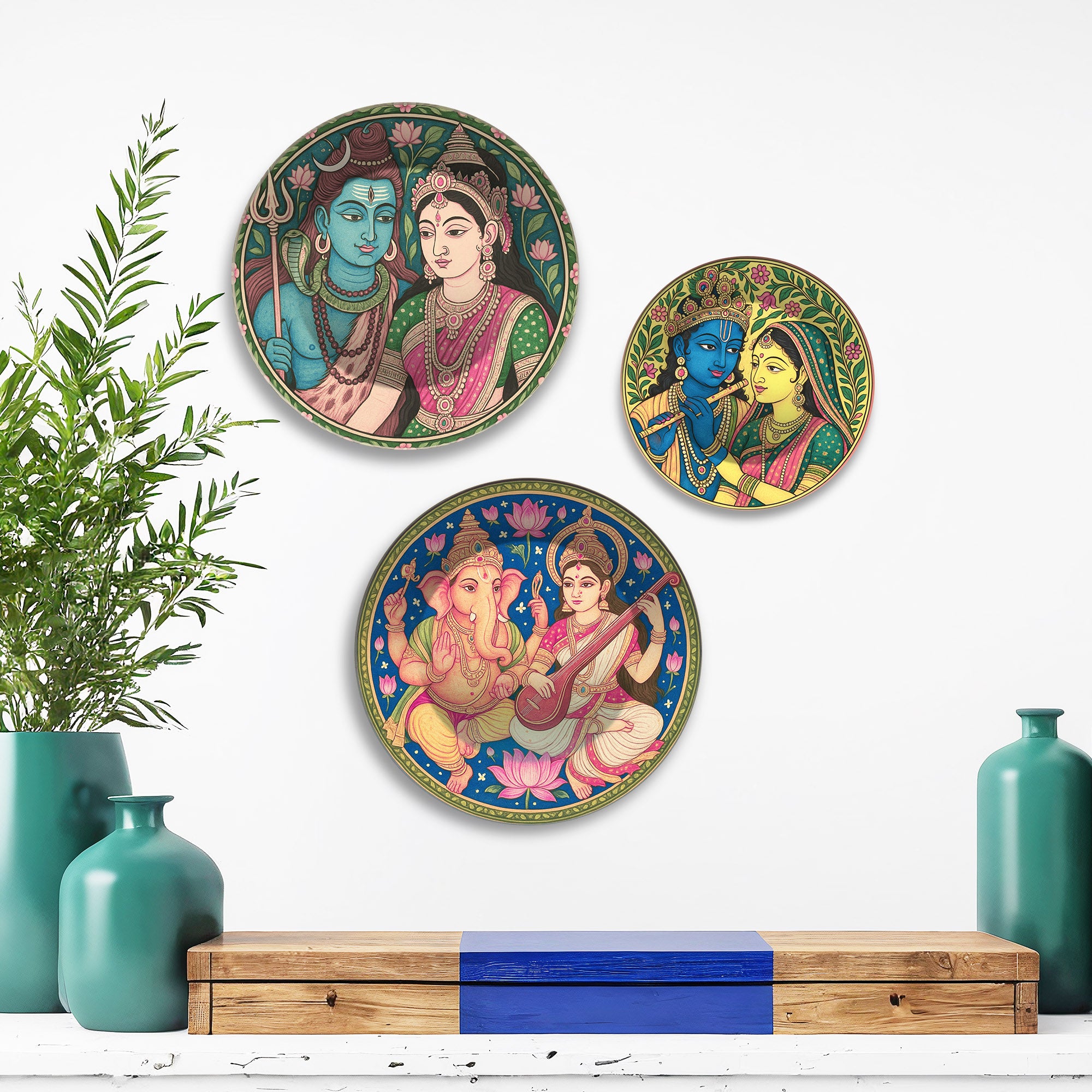 Trinity of Devotion Hindu Gods Premium Wall Plates Painting Set of 3
