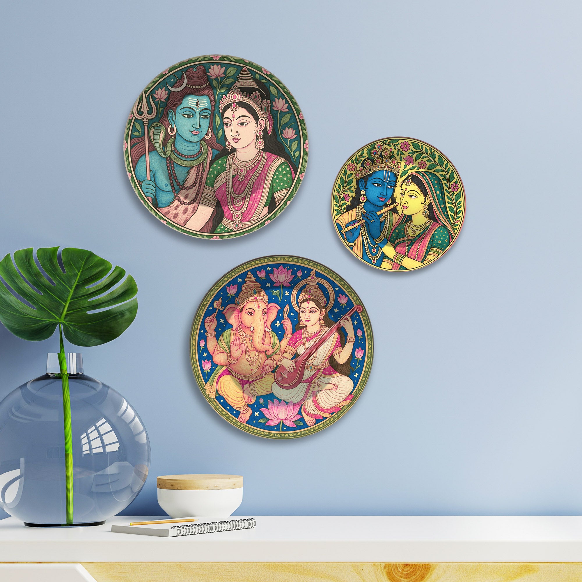 Trinity of Devotion Hindu Gods Premium Wall Plates Painting Set of 3