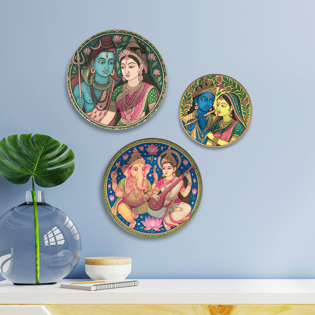Trinity of Devotion Hindu Gods Premium Wall Plates Painting Set of 3