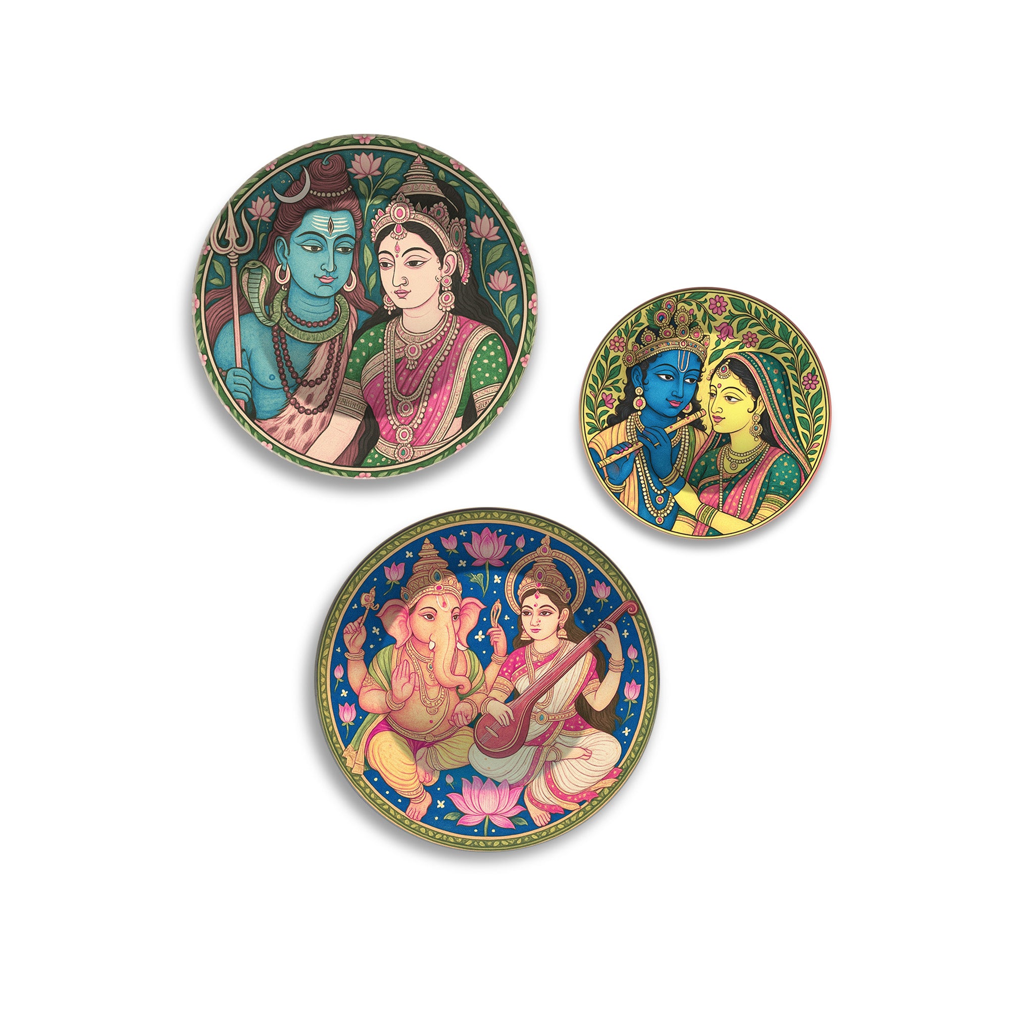 Trinity of Devotion Hindu Gods Premium Wall Plates Painting Set of 3