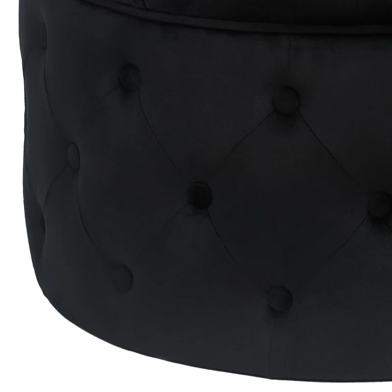Tufted Black Color Rounded Storage Ottoman