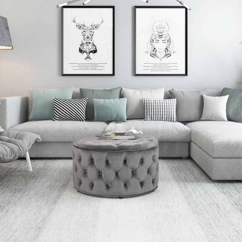 Tufted Grey Color Rounded Storage Ottoman