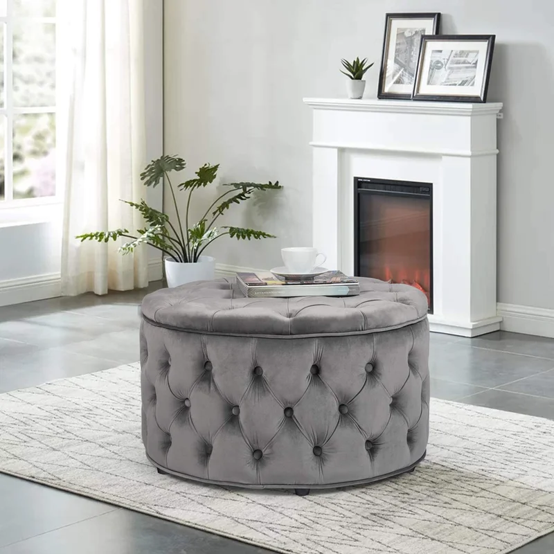 Tufted Grey Color Rounded Storage Ottoman