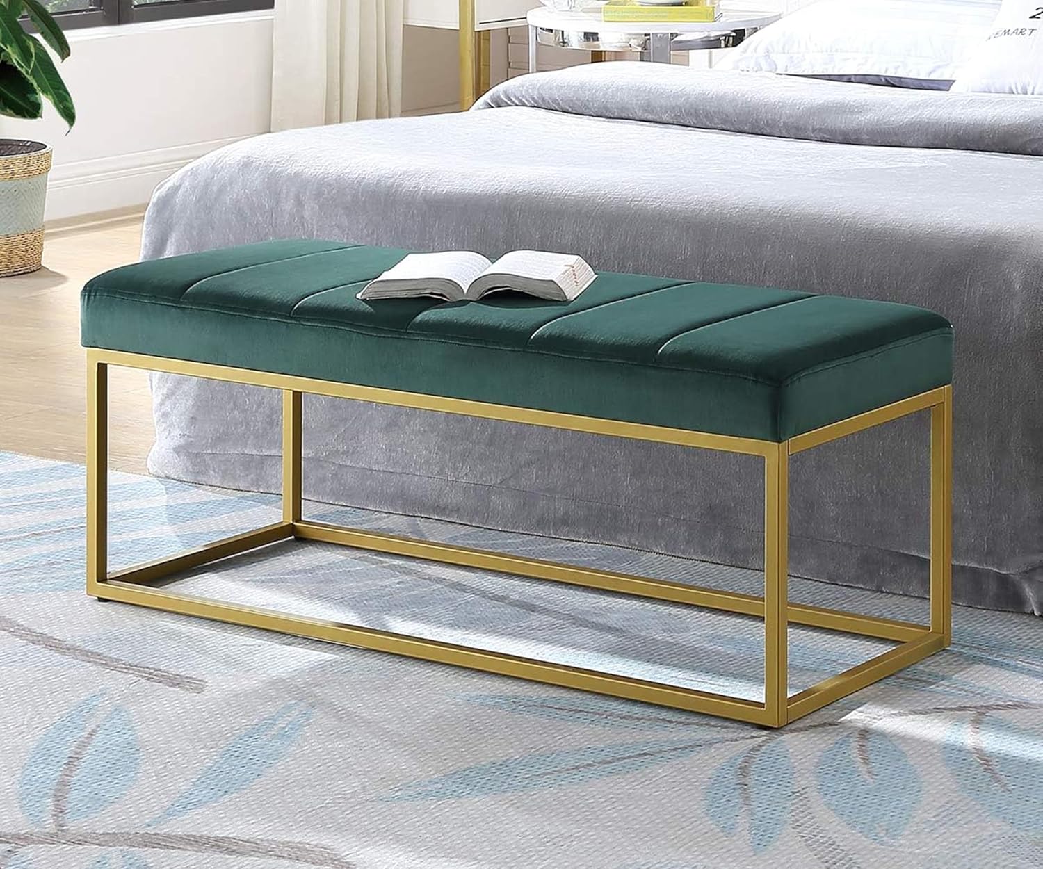Elegant Royal Blue Velvet Bench with Gold Metal Base 3 Seater Luxury Ottoman