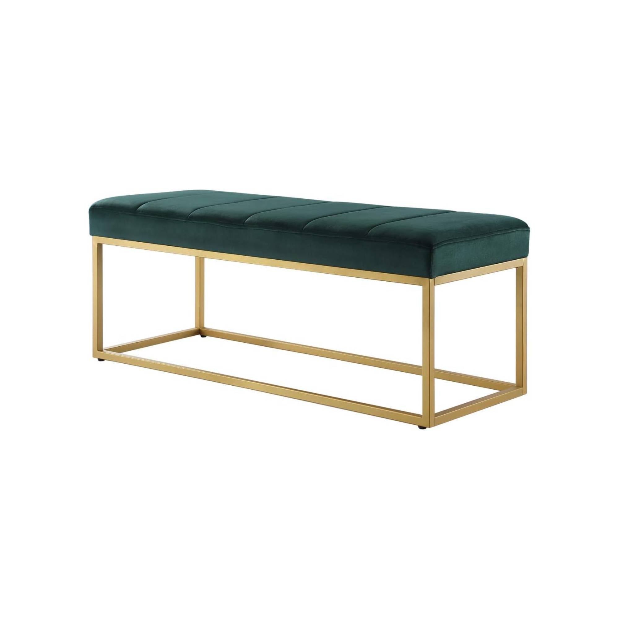 Tufted Rich Green Velvet Bench with Sleek Gold Metal Legs Ottoman