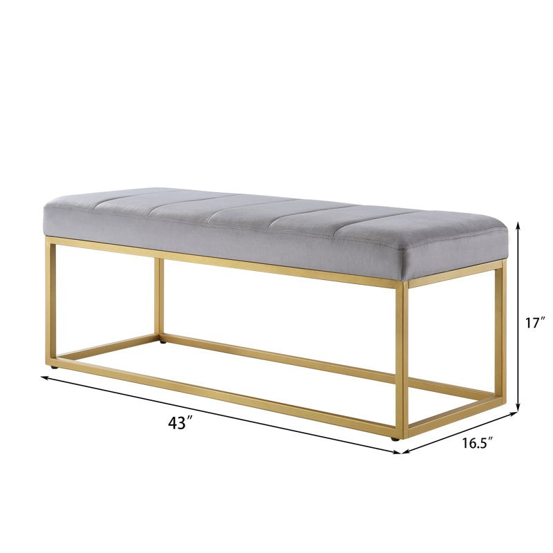 Tufted Rich Grey Velvet Bench with Sleek Gold Metal Legs Ottoman