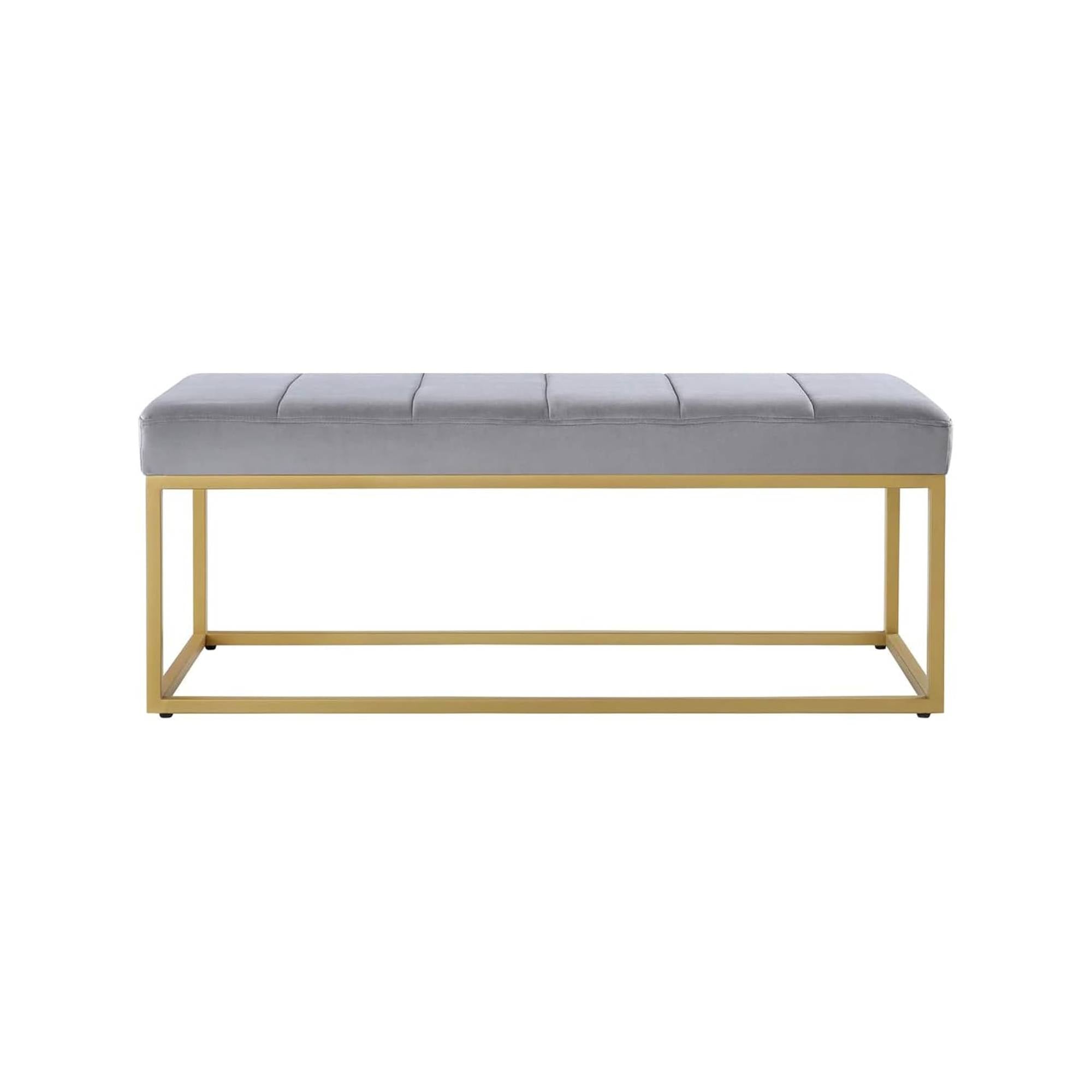 Tufted Rich Grey Velvet Bench with Sleek Gold Metal Legs Ottoman