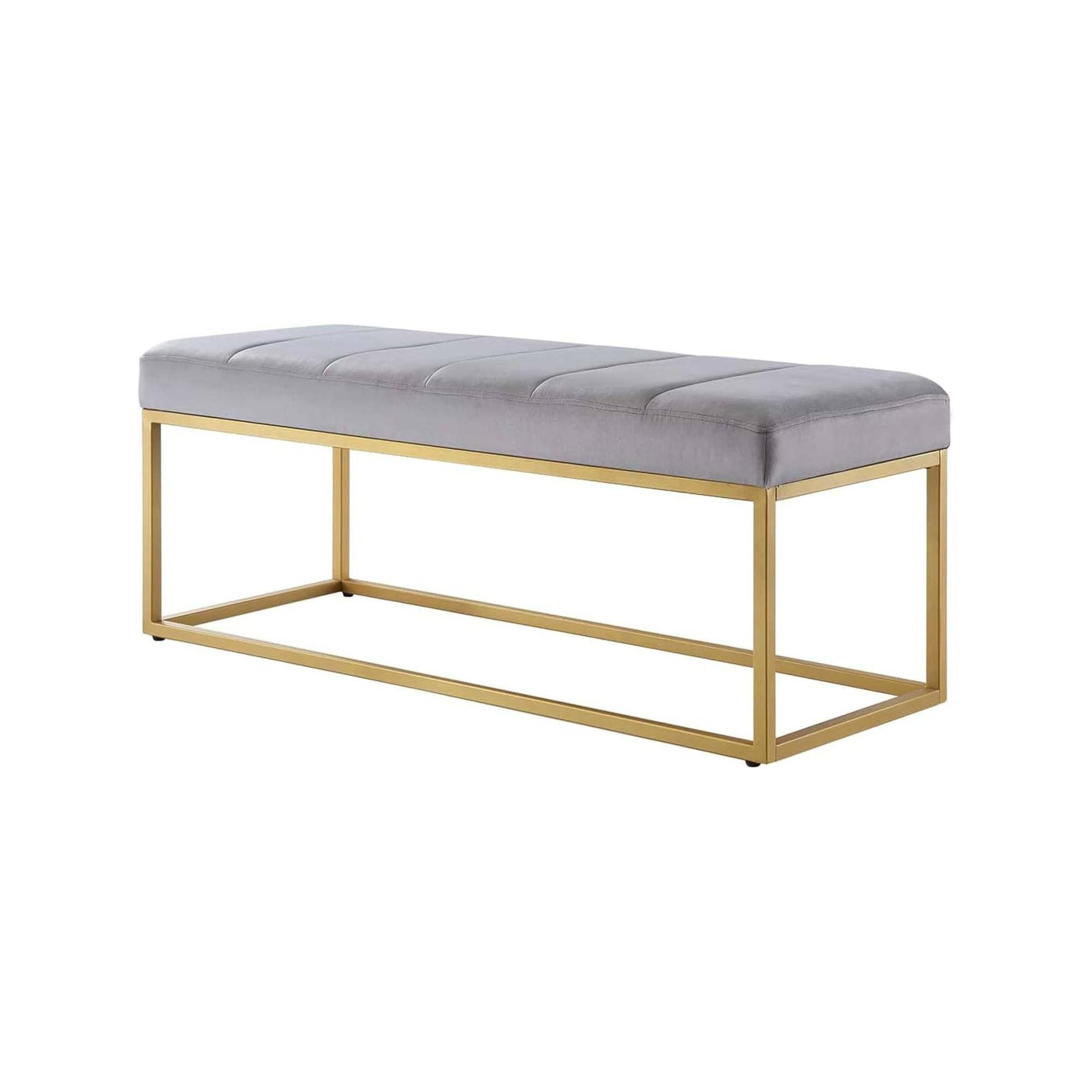 Tufted Rich Grey Velvet Bench with Sleek Gold Metal Legs Ottoman