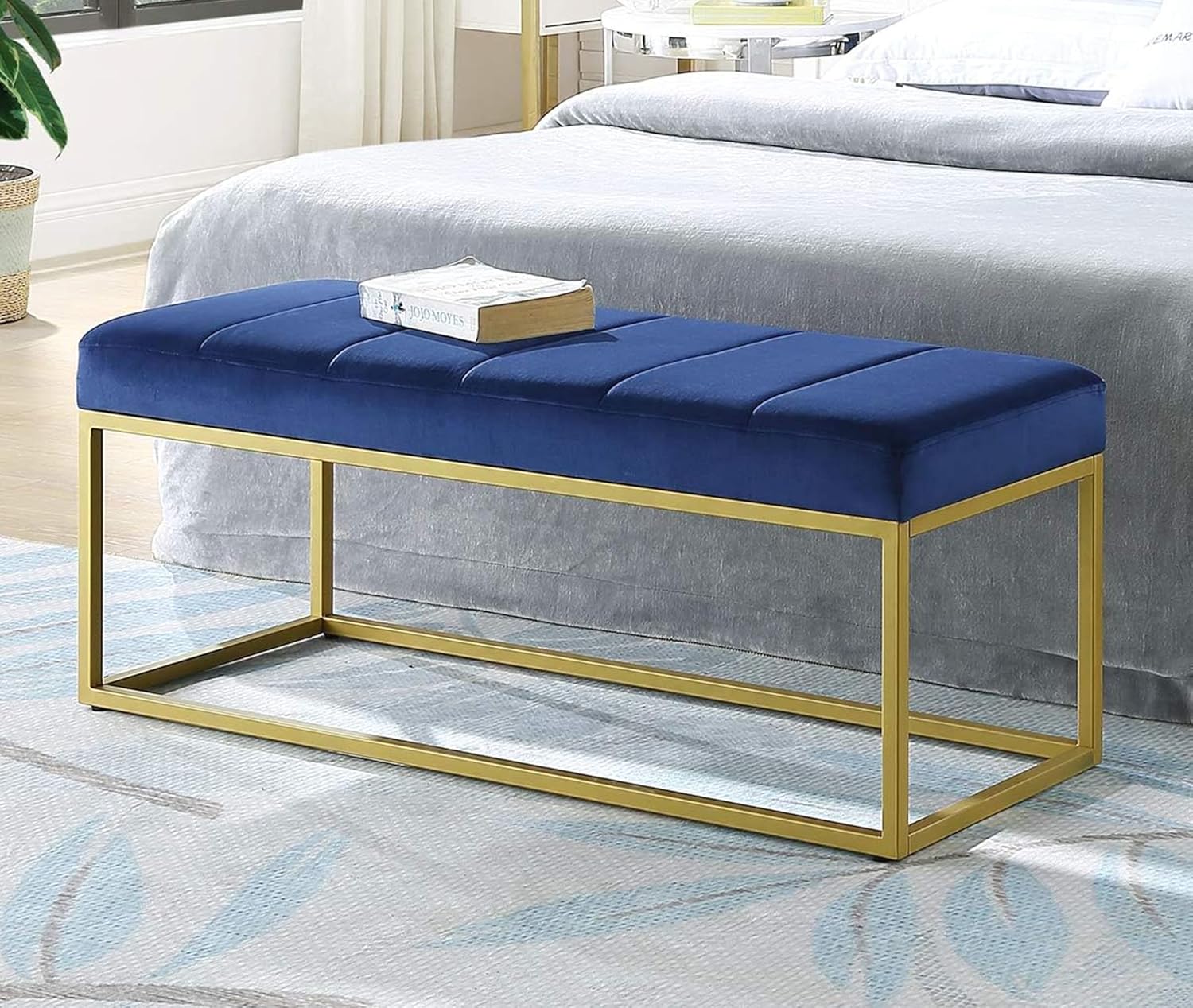 Tufted Royal Blue Velvet Bench with Sleek Gold Metal Legs Ottoman