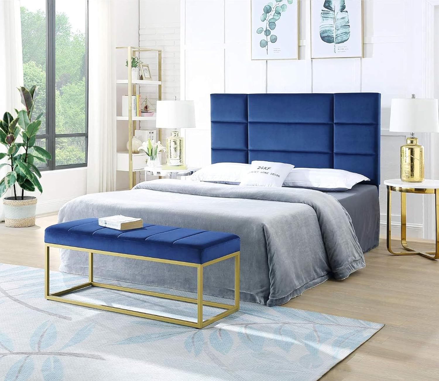 Tufted Royal Blue Velvet Bench with Sleek Gold Metal Legs Ottoman