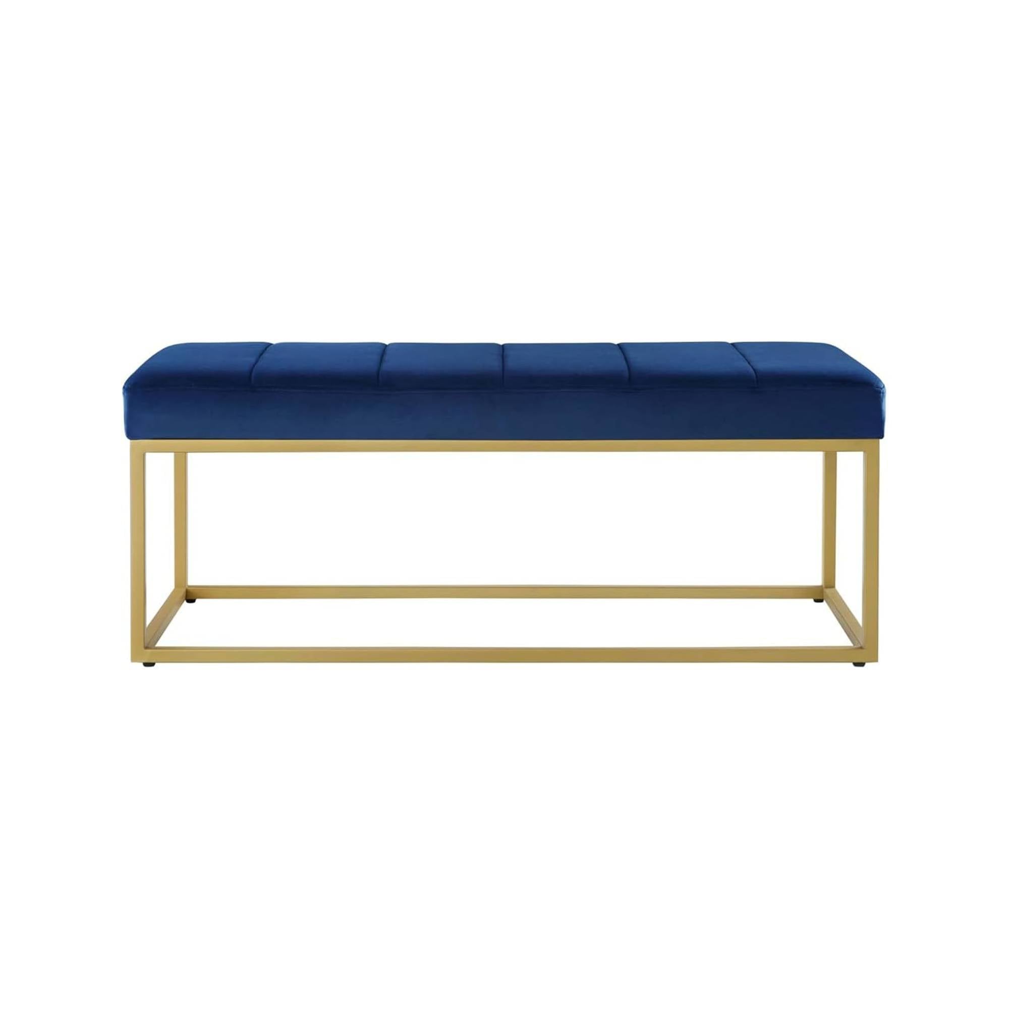 Tufted Royal Blue Velvet Bench with Sleek Gold Metal Legs Ottoman