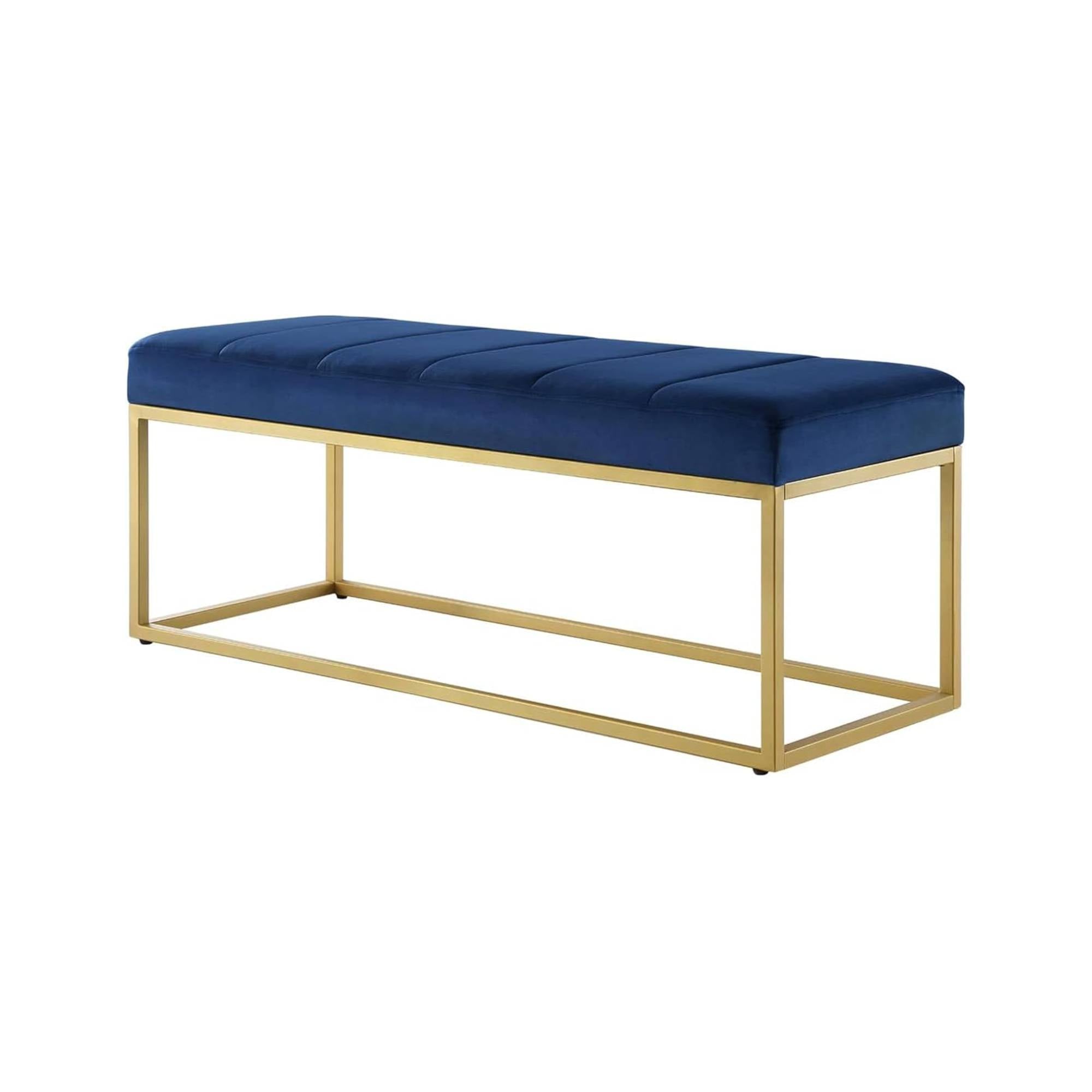Tufted Royal Blue Velvet Bench with Sleek Gold Metal Legs Ottoman