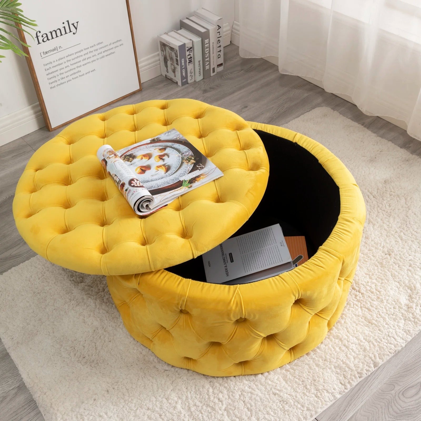 Tufted Yellow Round Shape Velvet Ottoman