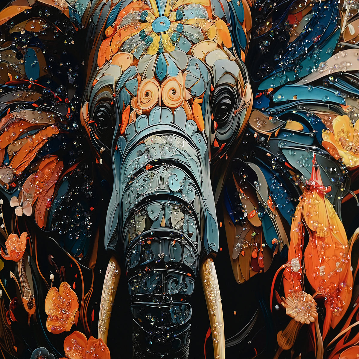 Tusk in Floral Beauty Elephant Framed Crystal Glass Painting