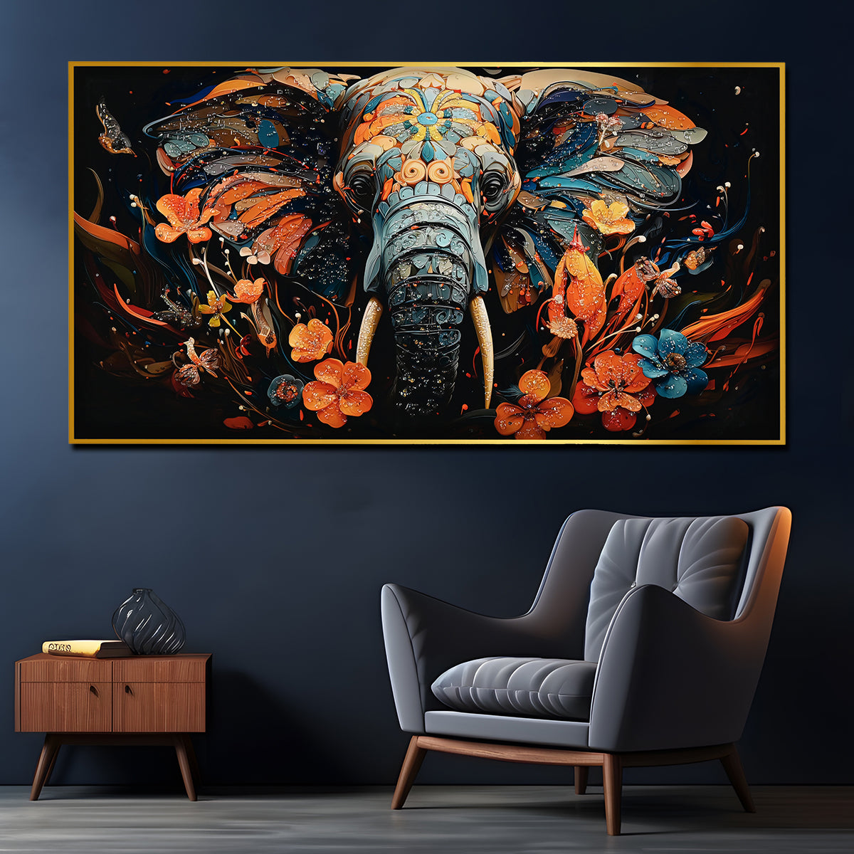 Tusk in Floral Beauty Elephant Framed Crystal Glass Painting