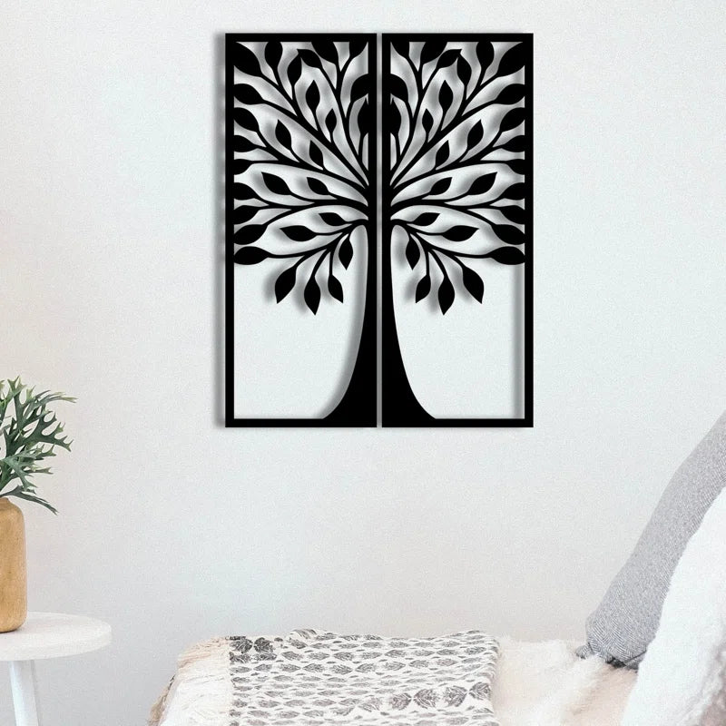 Two Frames Traditional Tree Flowers Meta Art Wall Decor