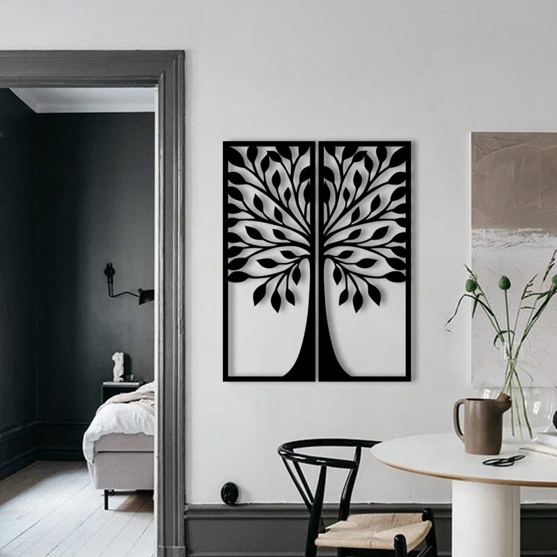 Two Frames Traditional Tree Flowers Meta Art Wall Decor