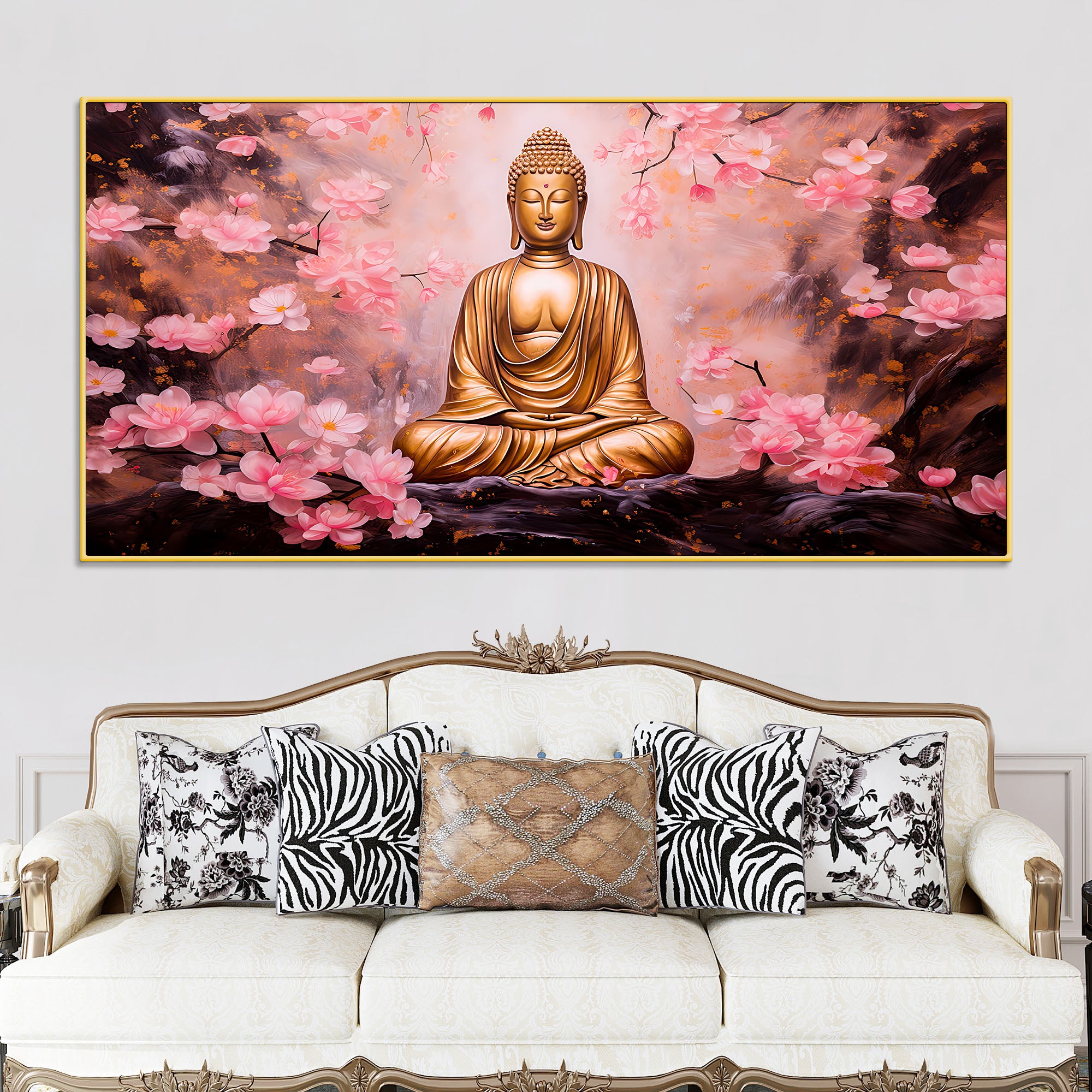 Unique Buddha Wall Painting with Cherry Blossom Theme
